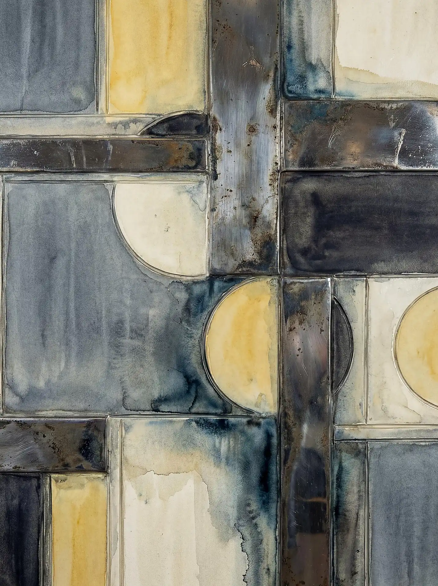Weathered metallic textures and rusted iron frames enclose fluid watercolor washes in this structured abstract composition. Muted tones of indigo blue and pale yellow create a contemplative, industrial mood through geometric shapes and distressed surfaces. Artwork by Constantine Cheshire