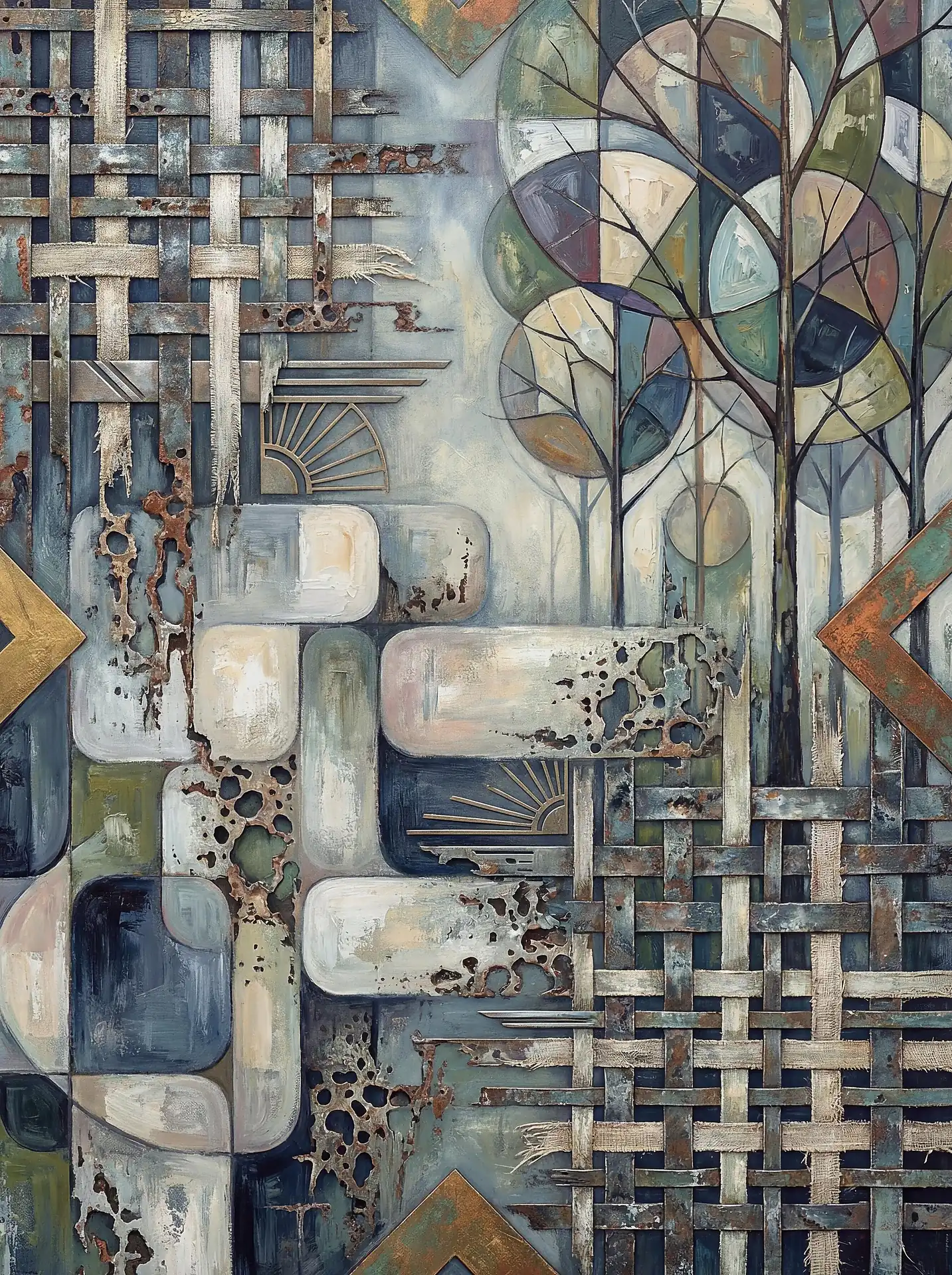 Intertwining industrial woven strips and organic shapes, this mixed media painting portrays a stylized forest under a muted sky. The artwork blends weathered metallic textures with soft geometric trees in a palette of teal, copper, and cream. Artwork by Constantine Cheshire