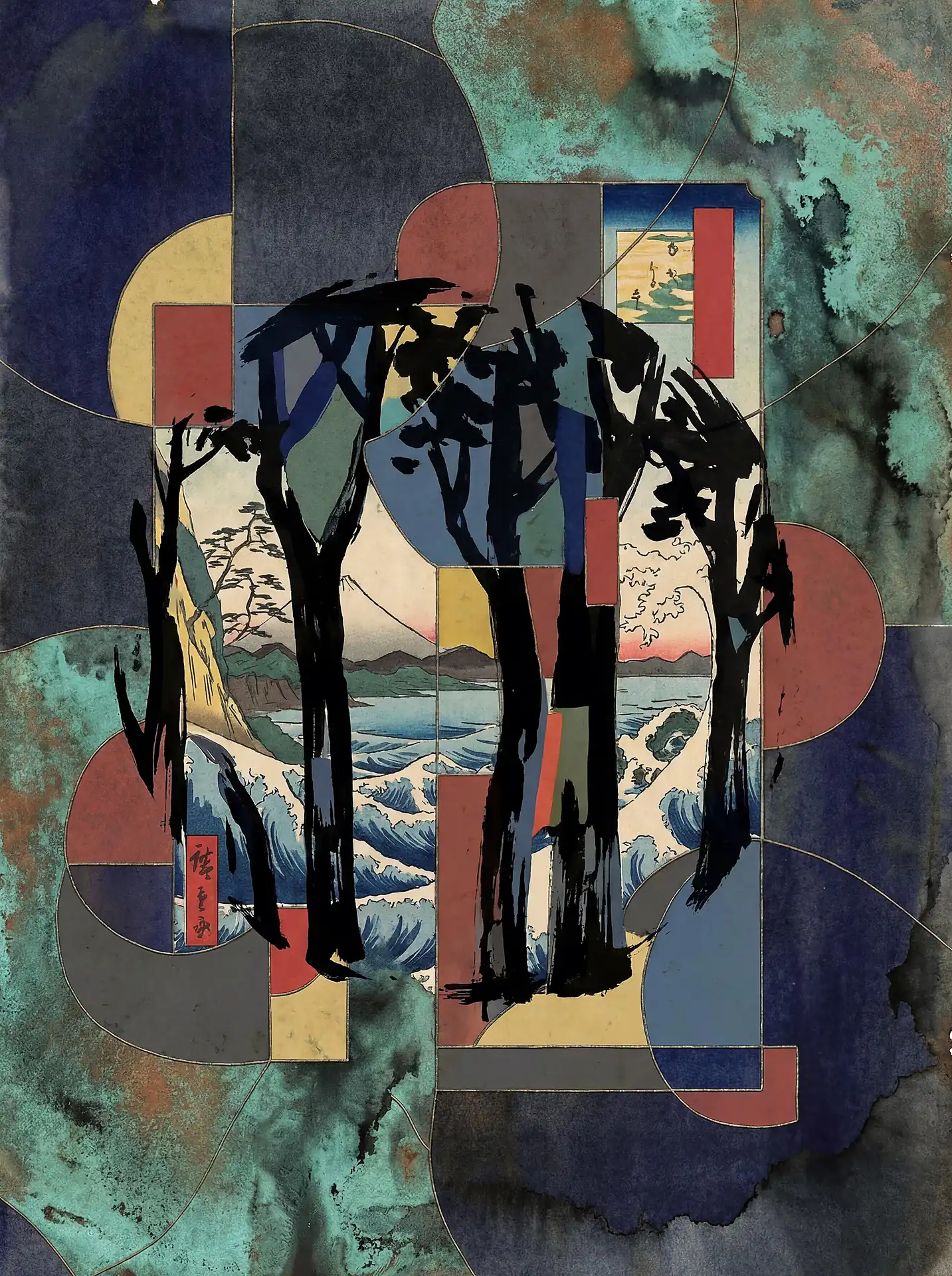 Textured watercolor washes and geometric overlays frame a traditional Japanese landscape of Mount Fuji and crashing waves. This mixed-media composition blends ukiyo-e aesthetics with contemporary shapes in shades of deep teal, navy, and muted red. Artwork by Constantine Cheshire
