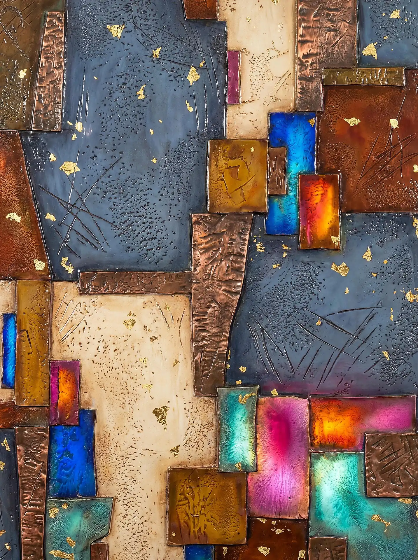 Sophisticated and energetic atmosphere defines this composition of hammered copper panels and glowing jewel-toned rectangles. The tactile surface features scattered gold leaf fragments across a complex industrial mosaic of teal, magenta, and bronze tones. Artwork by Constantine Cheshire