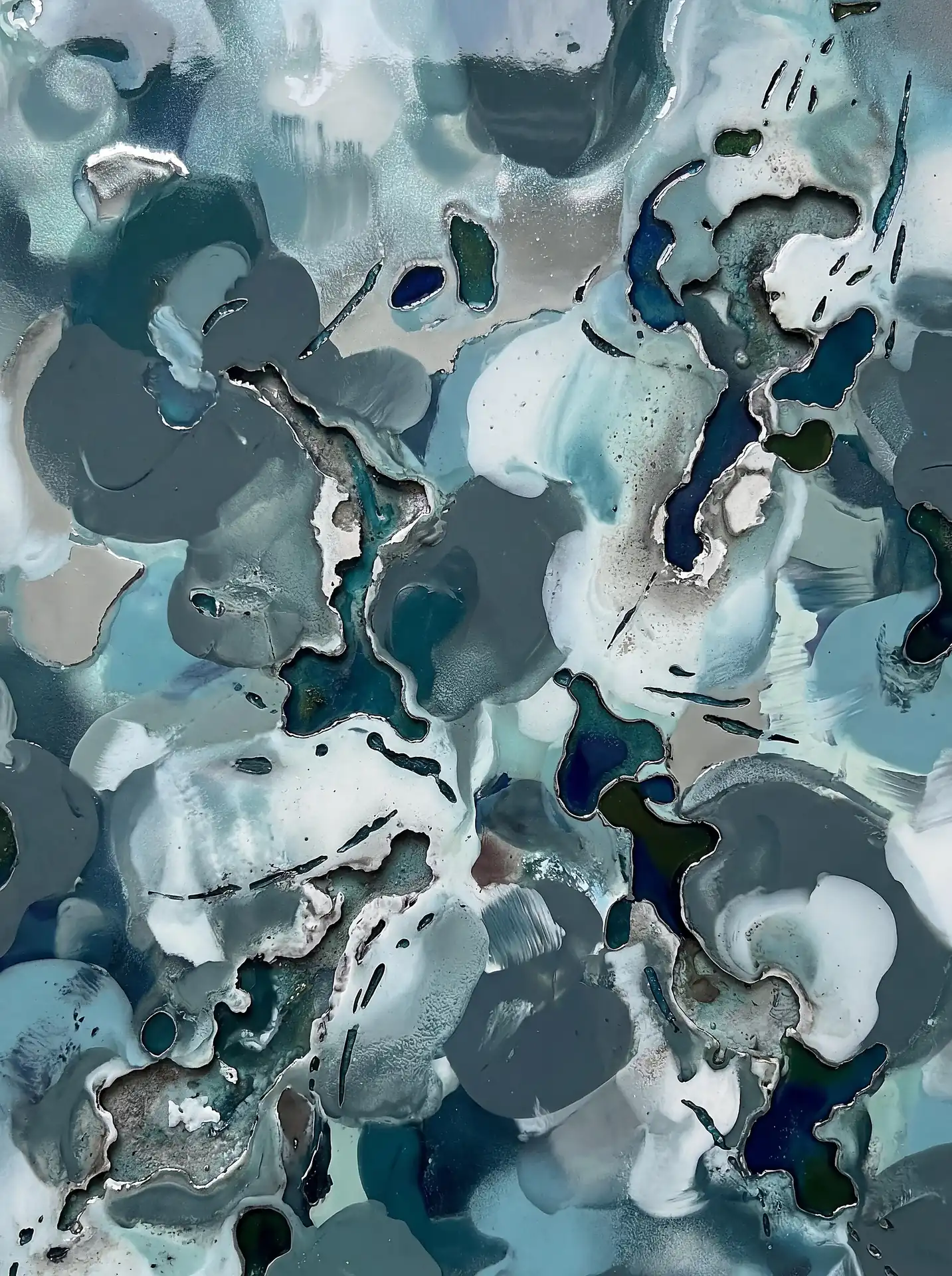 Teal and silver fluid layers, resin mixed media painting. This abstract artwork features cool blue tones and textured ridges reminiscent of an icy topographical map with a high-gloss finish. Artwork by Constantine Cheshire