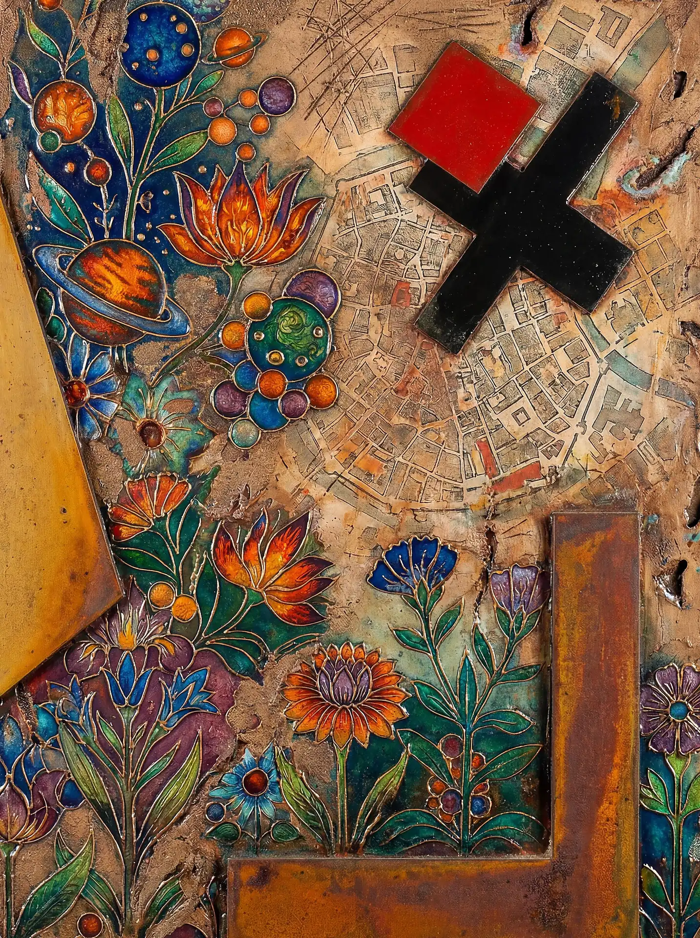 Earthy metallic textures and rusted iron frame a vibrant collection of enamel flowers and celestial planets. This intricate mixed-media piece blends industrial geometric shapes with delicate botanical illustrations and etched map details for a steampunk aesthetic. Artwork by Constantine Cheshire