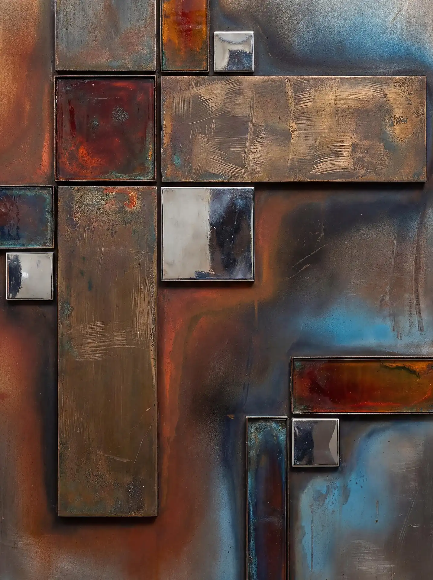 Deep amber and metallic blue tones dominate this abstract composition of weathered industrial plates. Rust, copper, and reflective chrome panels create a rugged yet sophisticated textured surface for modern architectural design. Artwork by Constantine Cheshire