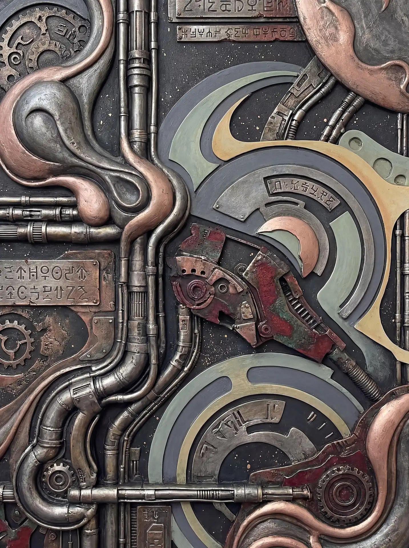 Winding across the dark surface, this biomechanical bas-relief features metallic pipes and gears intertwined with cryptic alien scripts. The sculpture combines copper and steel textures in a gritty science-fiction style, creating a sense of ancient yet futuristic machinery through its dense layering and metallic sheen. Artwork by Constantine Cheshire