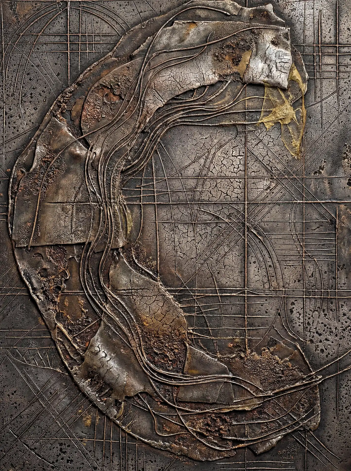 Abstract crescent shape mixed media relief sculpture. This weathered artwork features heavy textures of rusted iron and oxidized steel layered with fine metallic wires and etched geometric grids. Dark charcoal and bronze tones dominate the piece, evoking a complex, industrial, and dystopian mood. Artwork by Constantine Cheshire