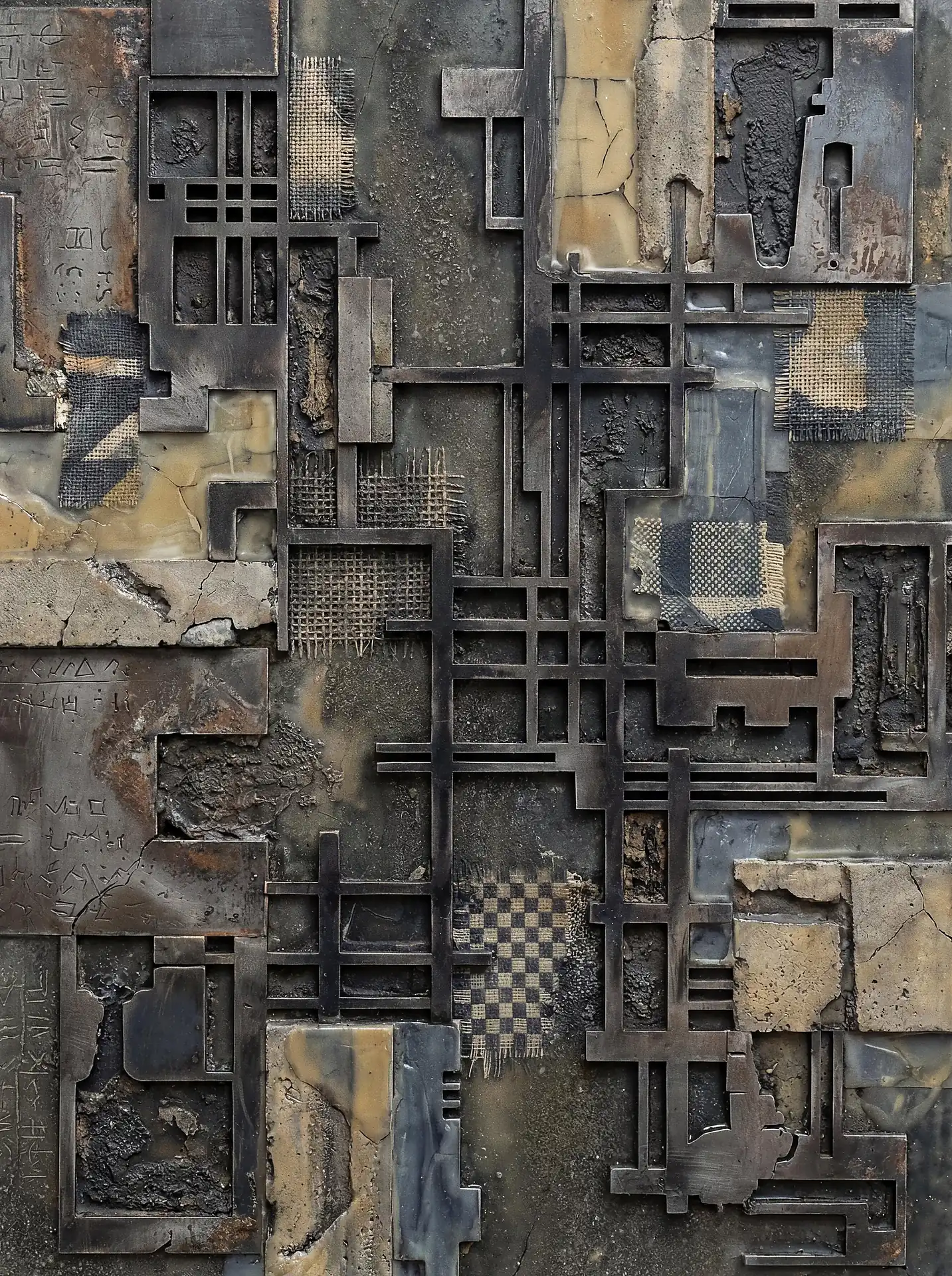 Muted earthy tones and soft shadows illuminate this industrial relief sculpture featuring a complex arrangement of metal grids and weathered stone. This abstract mixed media piece blends architectural geometry with ancient-looking inscriptions and tactile woven textures to create a moody, structural atmosphere. Artwork by Constantine Cheshire