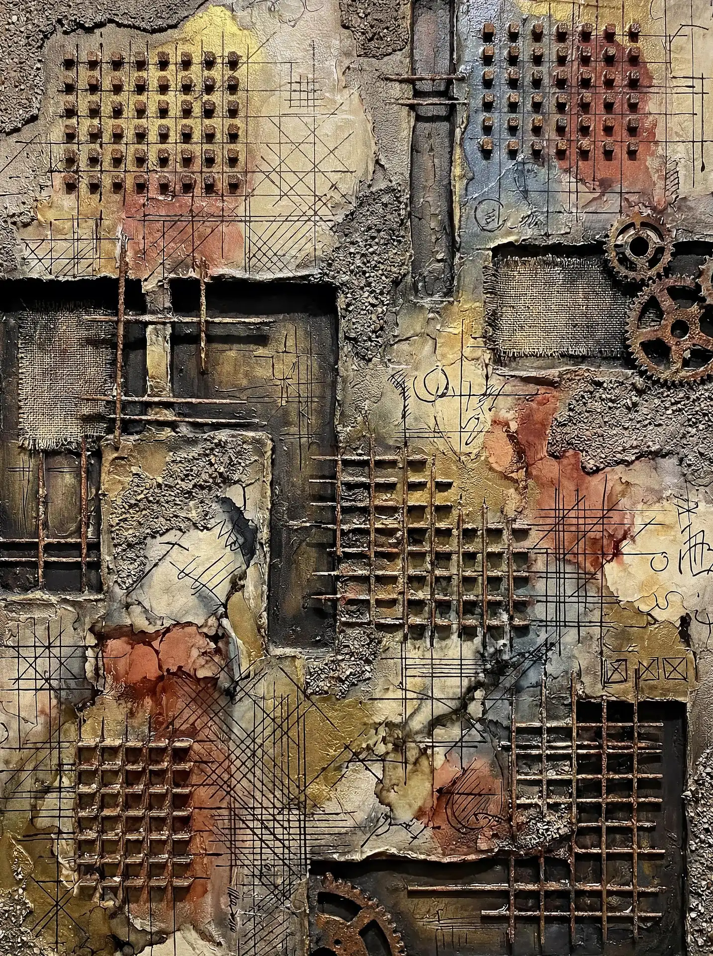 Gritty plaster, rusted gears, and woven burlap form a complex layered composition of industrial abstract art. This mixed media piece features earthy tones of gold and sienna accented by intricate ink crosshatching and geometric grids. Artwork by Constantine Cheshire