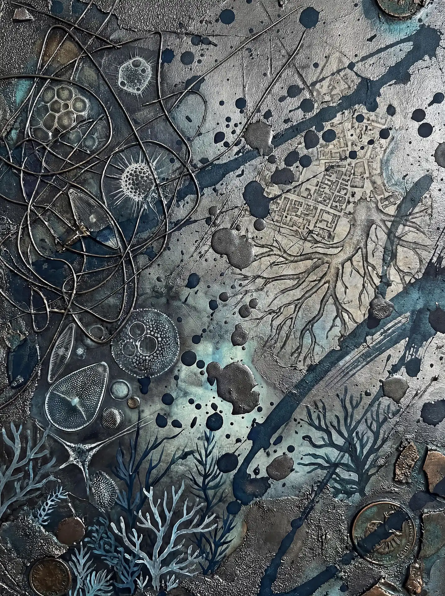 Layering of metallic textures and organic forms creates a complex narrative of microscopic life intertwined with industrial remnants. This mixed media artwork features a deep palette of teal and slate grey with silver highlights, showcasing intricate diatoms, coral-like branches, and tangled wire. Artwork by Constantine Cheshire