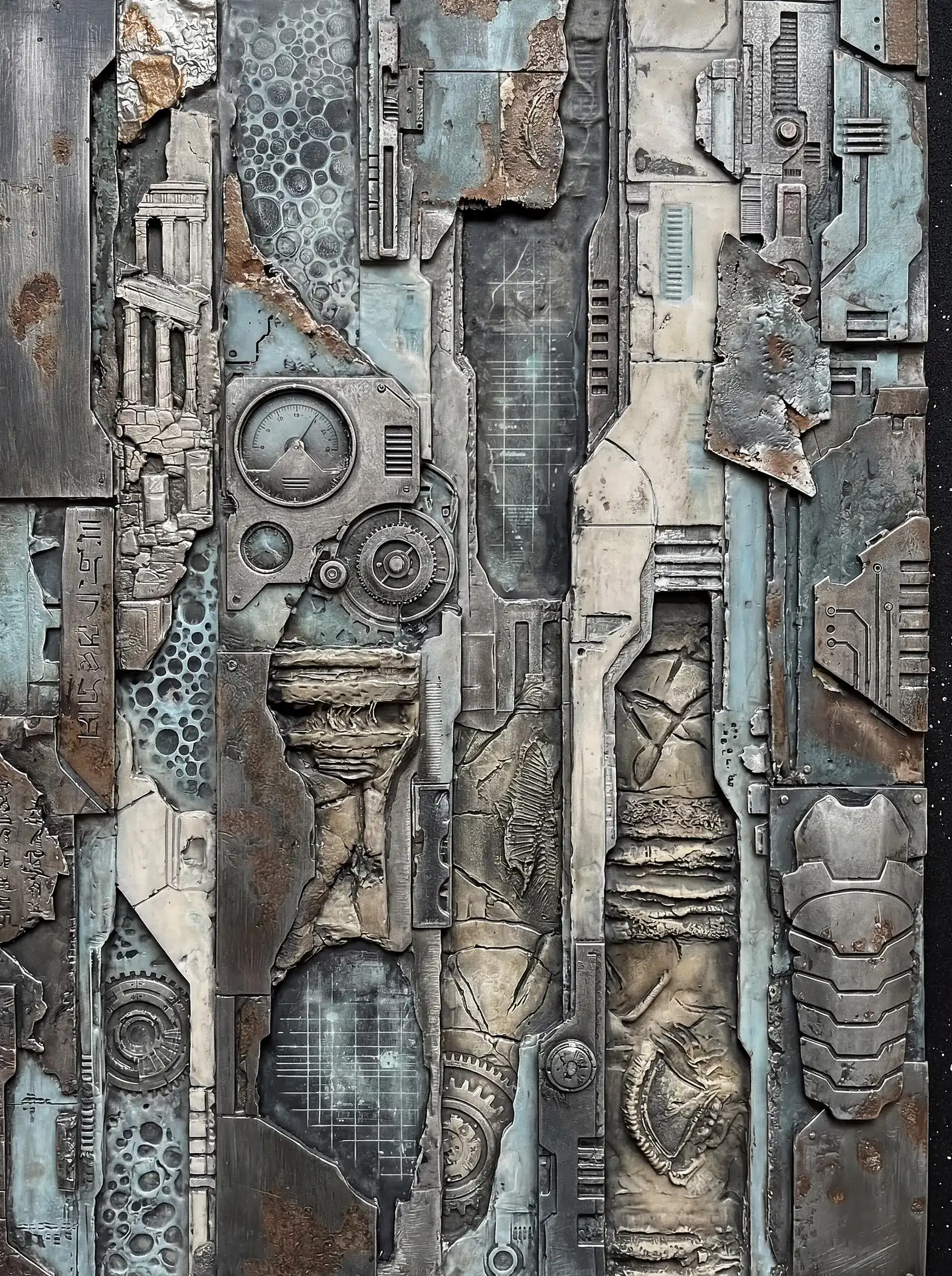 Rusty mechanical components in an industrial relief sculpture style form a complex collage of gears and weathered plates. This piece features a palette of metallic grays and oxidized teal accents with realistic rust textures and intricate greeble detailing throughout the panel. Artwork by Constantine Cheshire