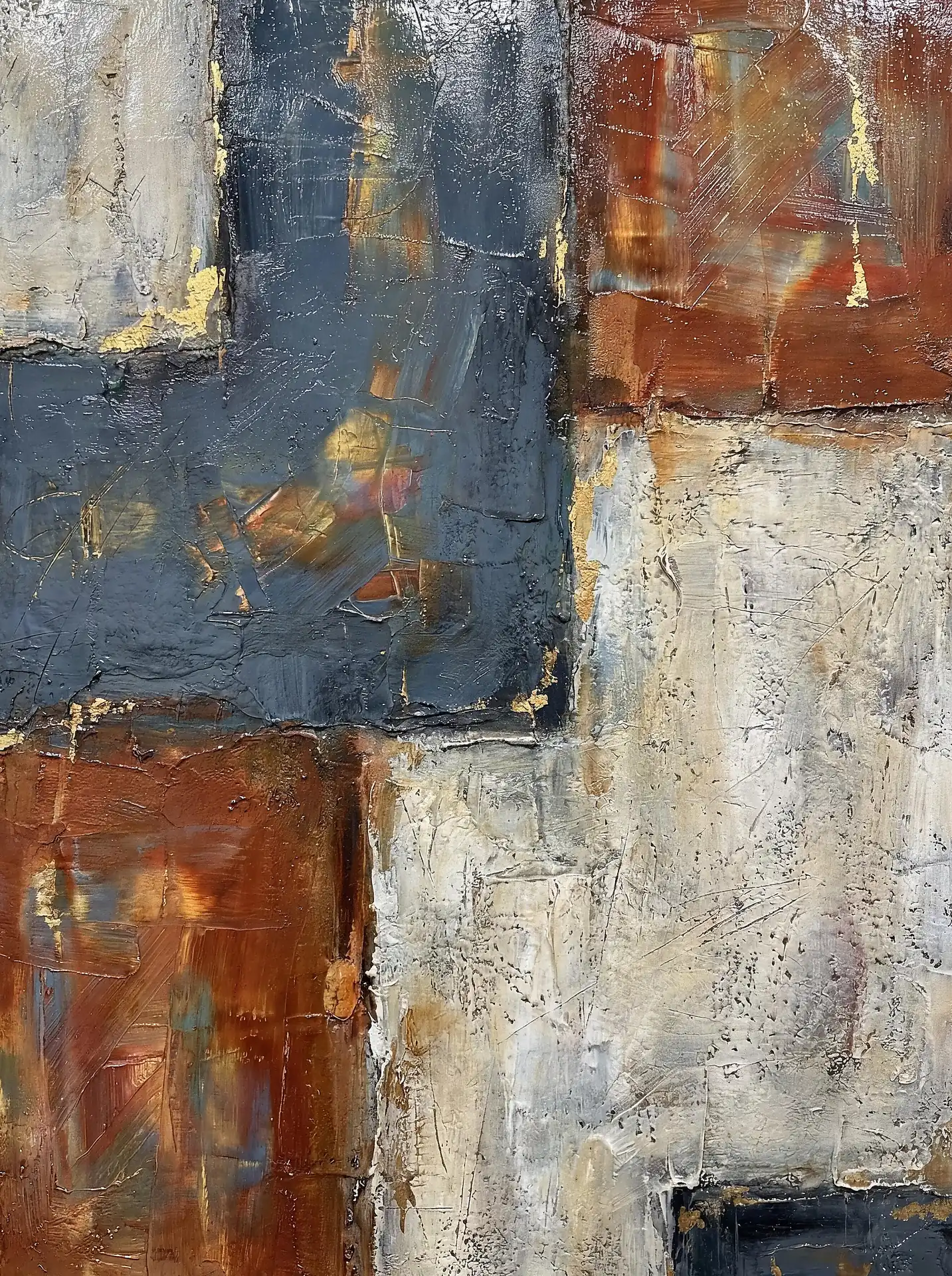 Thick oil paint and metallic gold leaf create a rugged, layered surface across this modern geometric composition. The artwork features a sophisticated palette of copper, slate grey, and cream in a bold block-style arrangement with a weathered, industrial mood. Artwork by Constantine Cheshire
