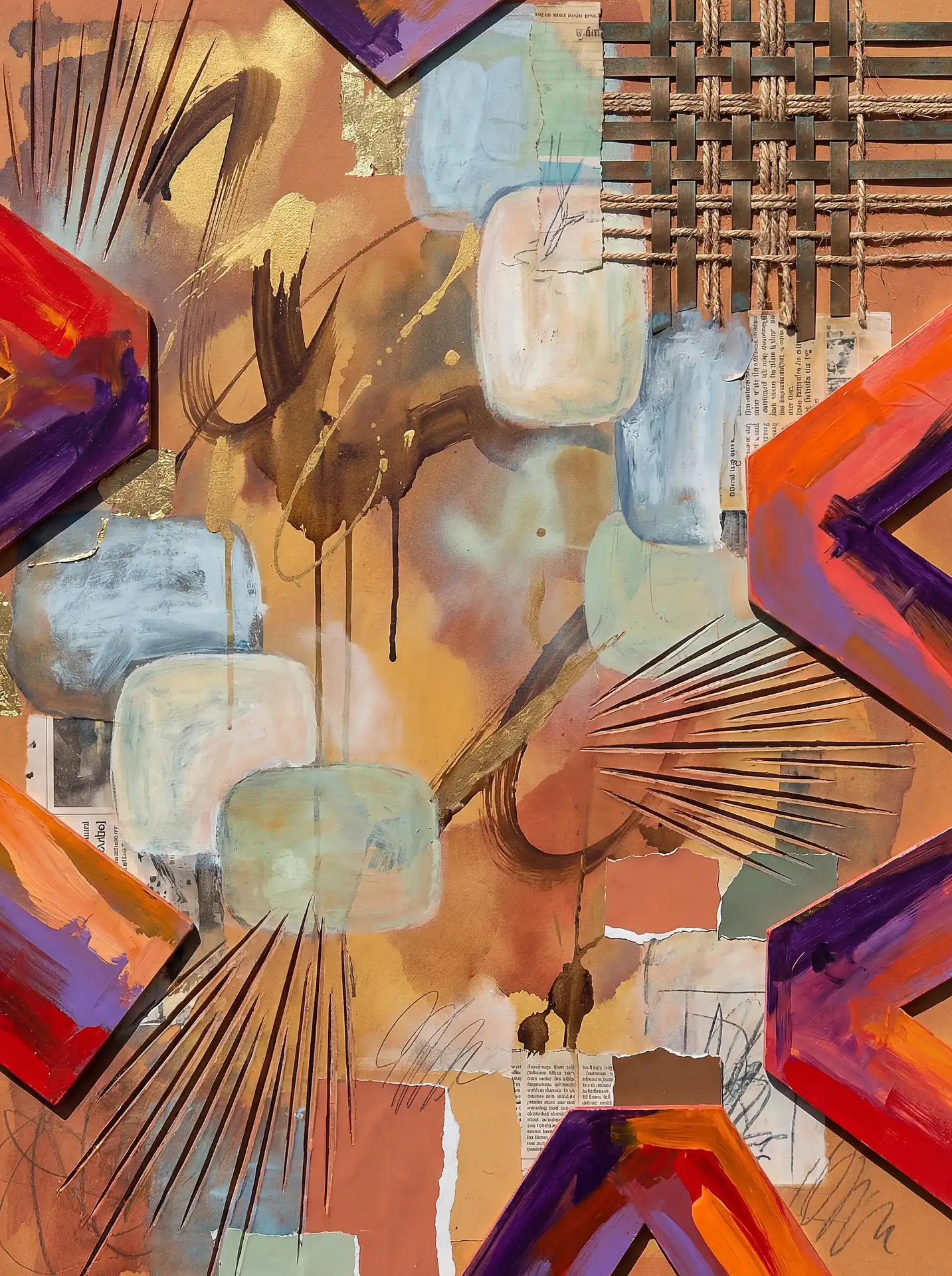 Swirling with gestural brushstrokes and metallic gold drips, this mixed media collage combines industrial rope weaving with vibrant red and purple chevrons. The earthy terracotta backdrop features layered newspaper fragments and organic shapes, creating a tactile and energetic contemporary composition. Artwork by Constantine Cheshire