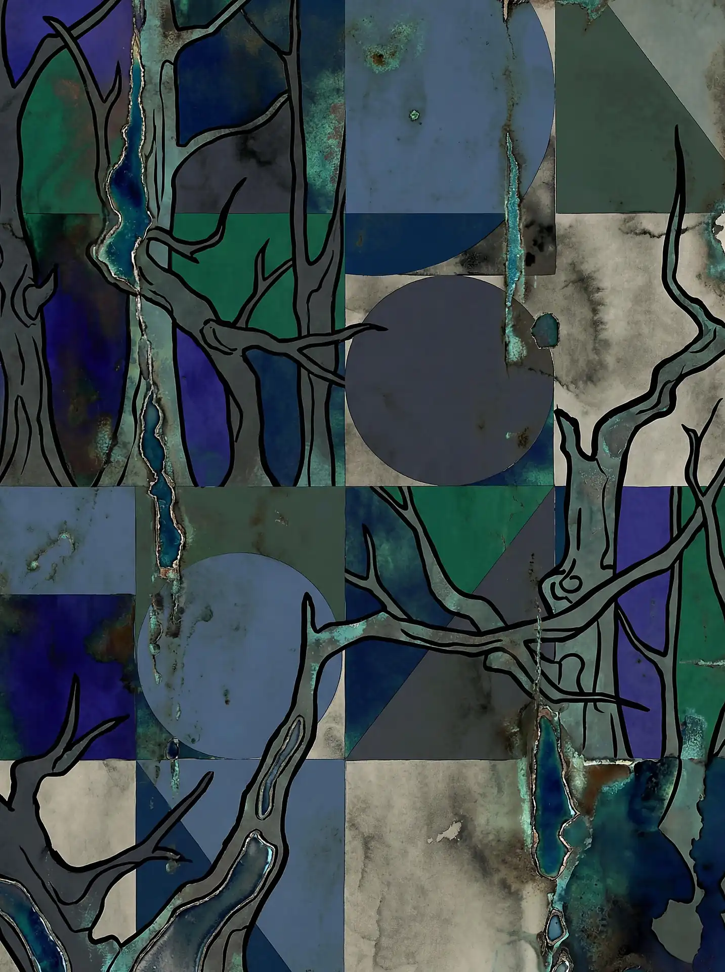 Layering and geometric symmetry define this contemporary artwork, which blends dark skeletal tree branches with a grid of cool-toned circles and squares. The piece features deep blues, teals, and purples with watercolor textures and striking metallic-edged vertical tears for a moody, modern aesthetic. Artwork by Constantine Cheshire