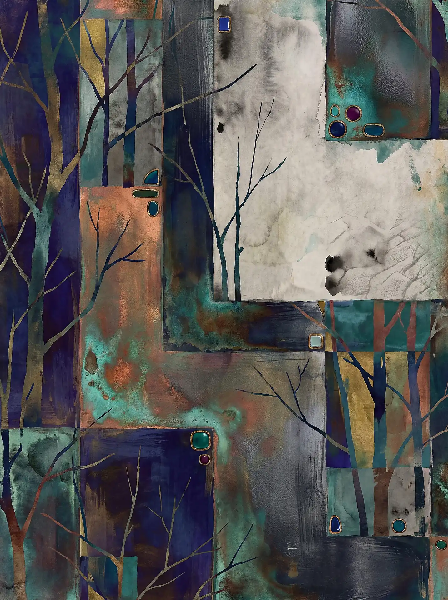 Bare winter tree silhouettes over a textured mixed media composition. This contemporary artwork blends earthy copper and bronze metallic tones with deep navy and teal, featuring jewel-like accents and sharp geometric blocks for a moody, modern aesthetic. Artwork by Constantine Cheshire