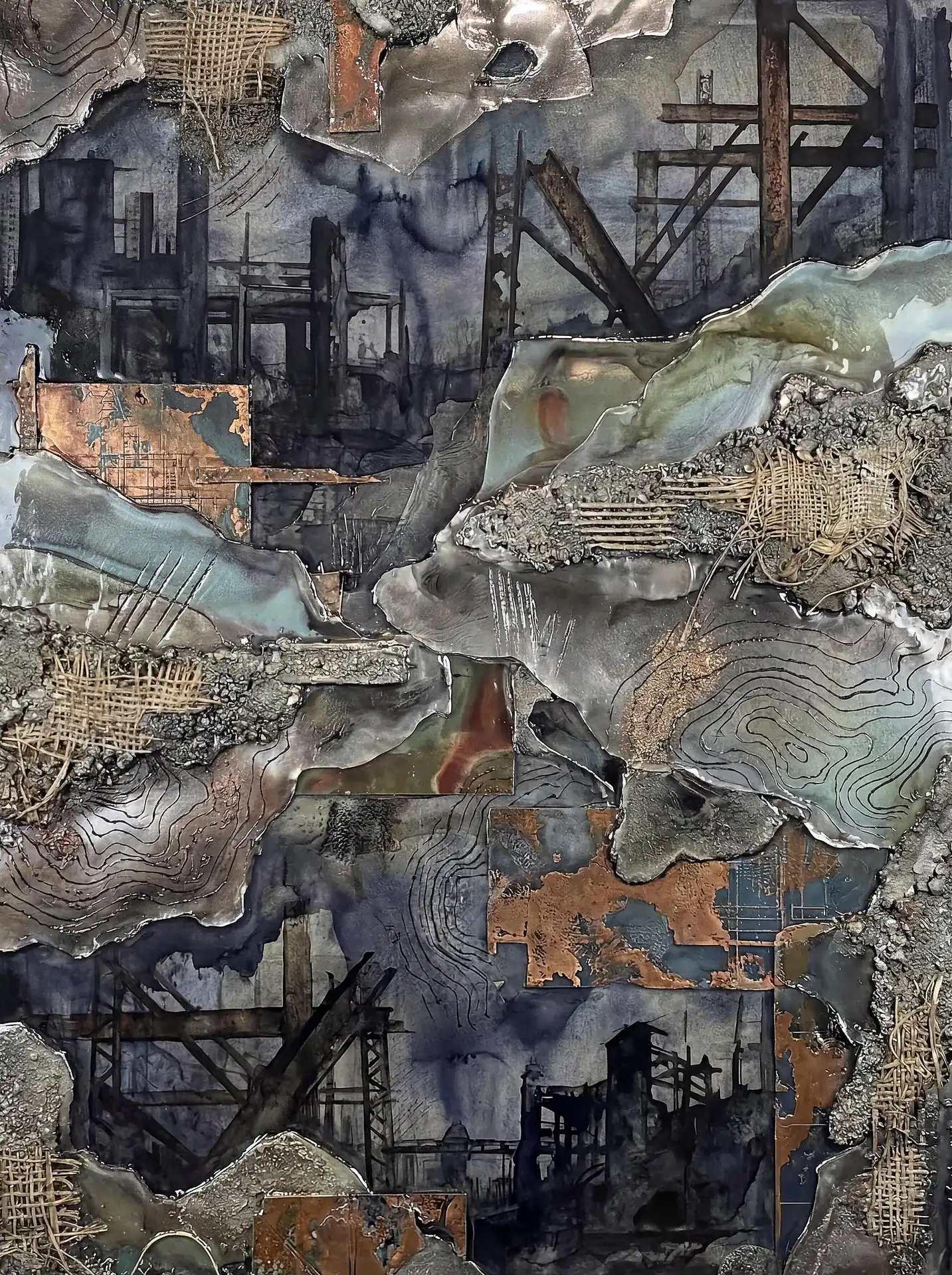 Rising through layers of rusted metal and frayed burlap, a dark silhouettes of industrial ruins create a somber architectural landscape. This mixed media artwork utilizes scrap materials, topographic lines, and deep moody tones to evoke a sense of abandoned urban environments. Artwork by Constantine Cheshire