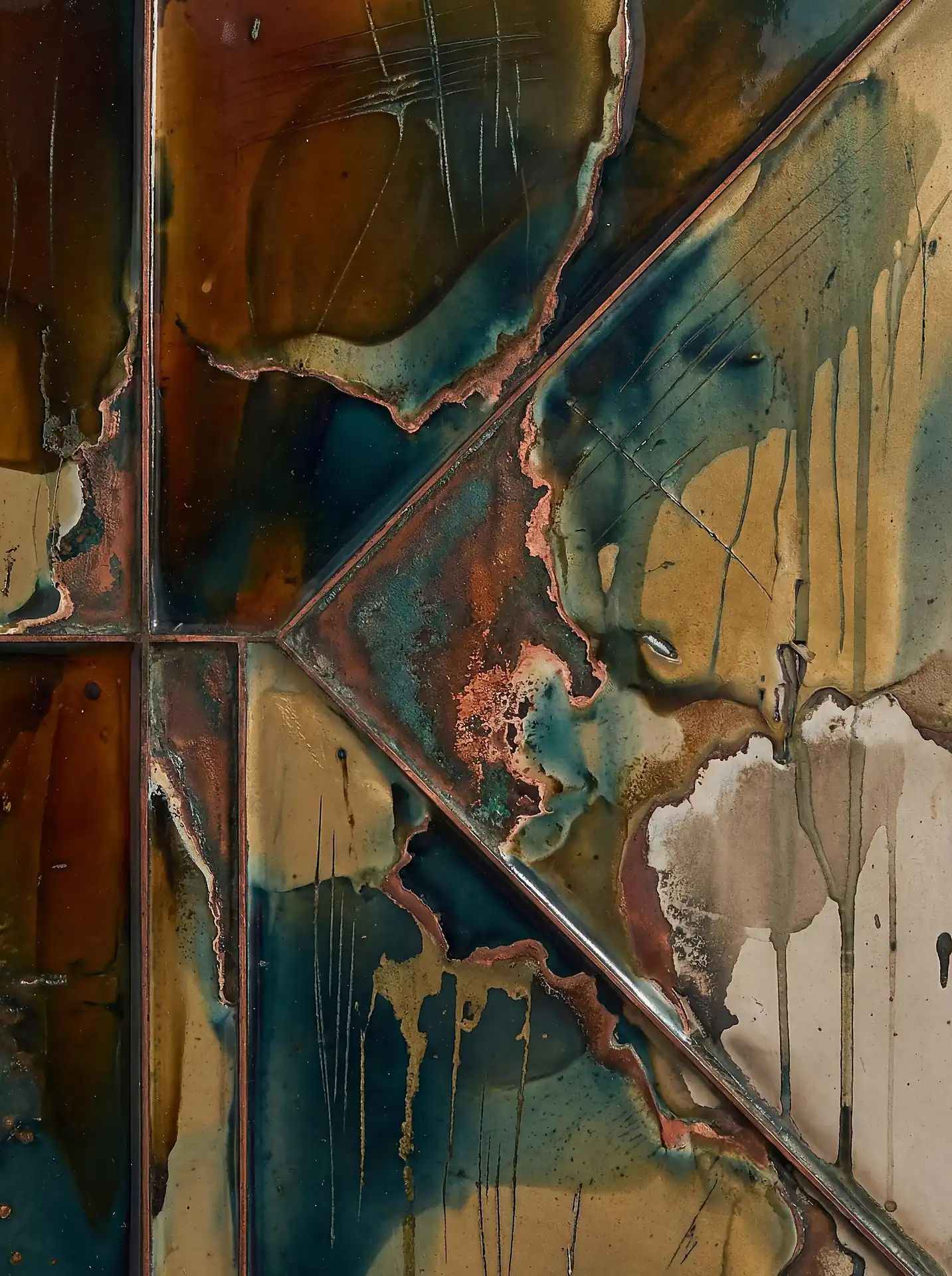 Amber and teal hues saturate this industrial abstract piece featuring weathered metal plates with scorched textures and organic drips. The composition uses geometric divisions to contrast the raw, corrosive nature of oxidized copper and heat-treated steel. Artwork by Constantine Cheshire