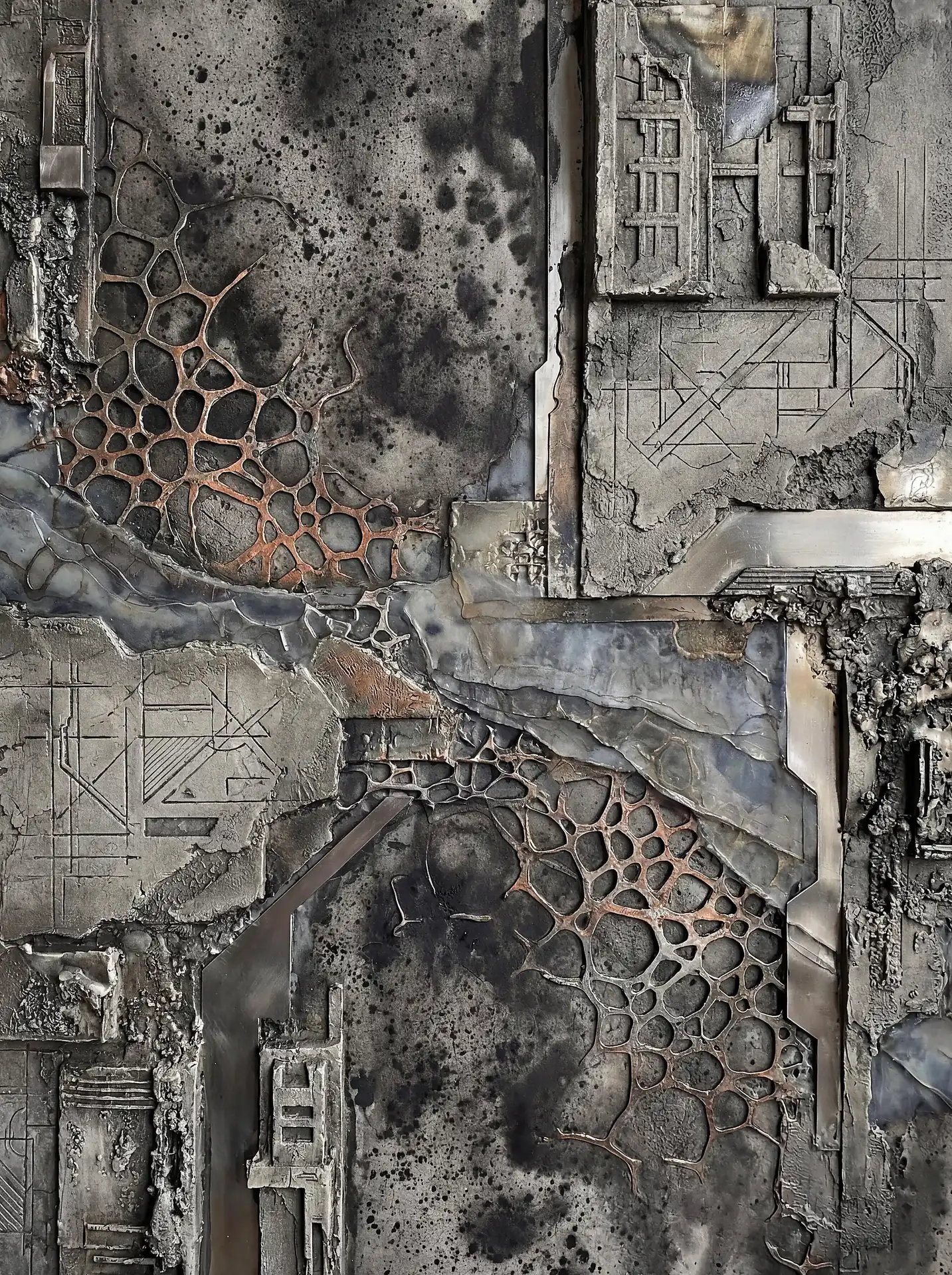 Gritty and industrial in mood, this mixed media relief art features intricate copper lattice patterns layered over weathered gray concrete and metallic geometric shapes. The piece evokes a post-apocalyptic or futuristic architectural aesthetic through its complex textures and somber color palette. Artwork by Constantine Cheshire