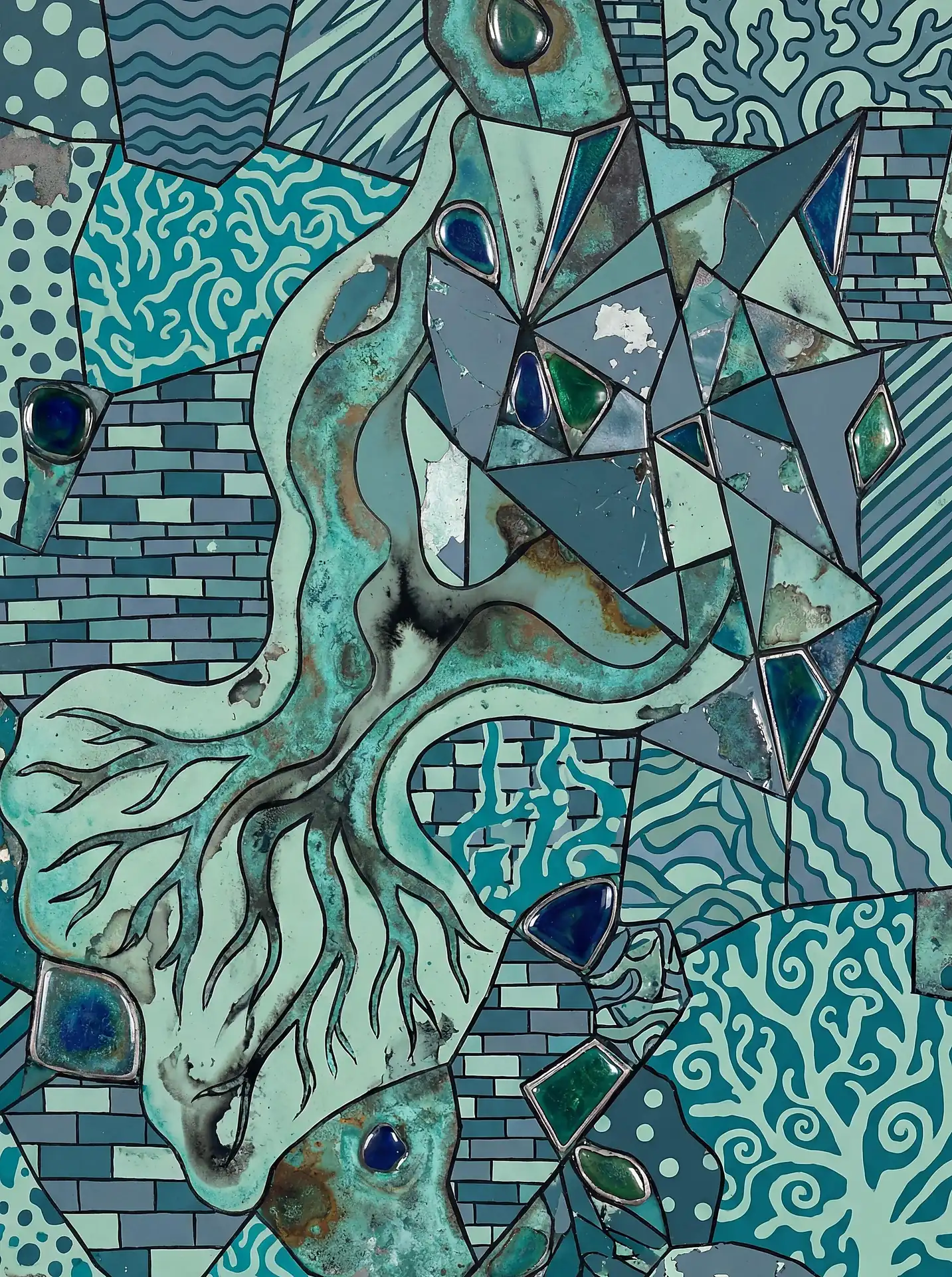 Branching outward like underwater roots, this enameled mosaic combines sharp geometric triangles with fluid organic shapes. The cool palette features turquoise and cerulean hues accented by glossy glass cabochons and weathered metallic textures. Artwork by Constantine Cheshire