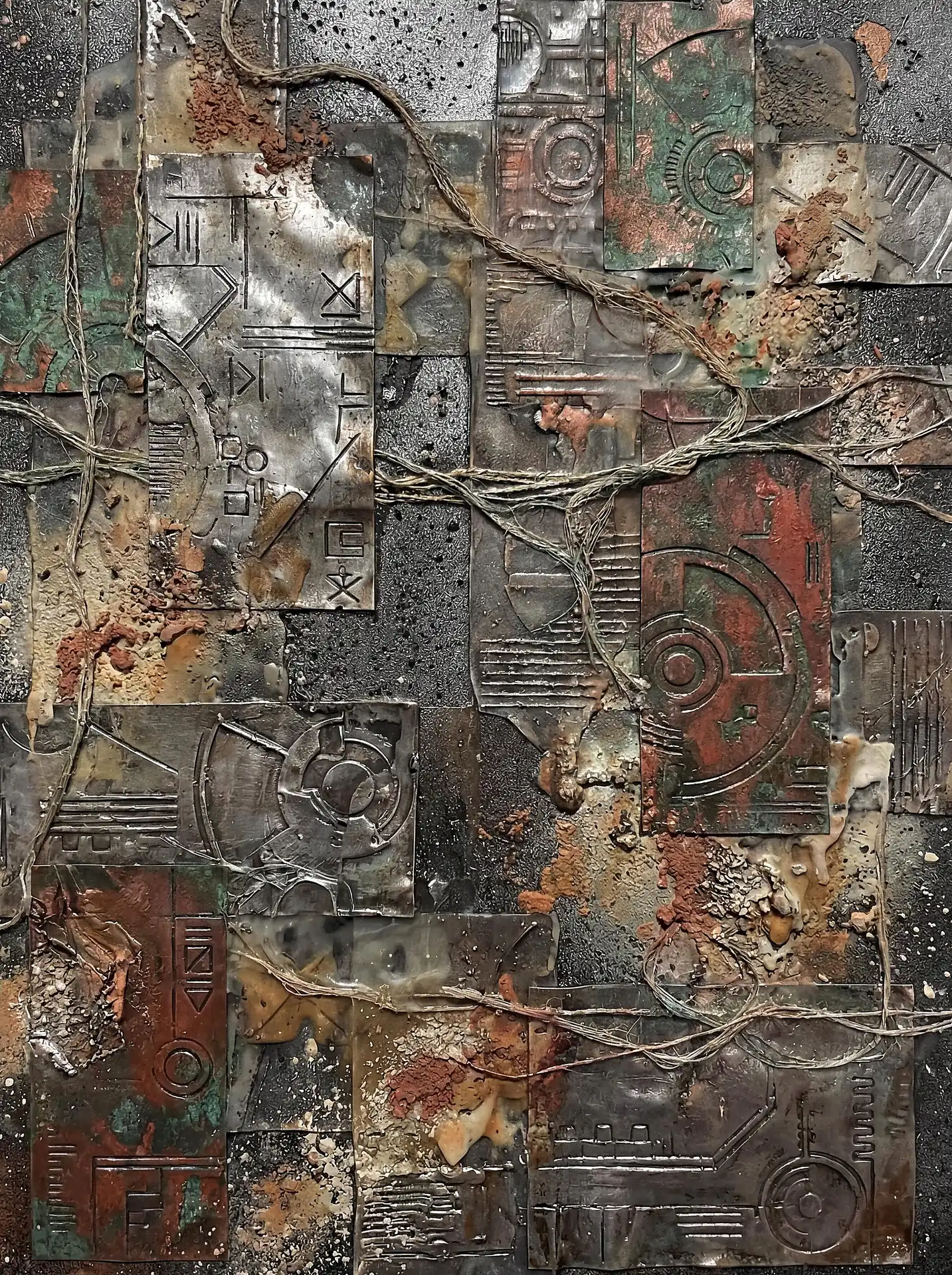 A complex layering of embossed metal sheets and tangled twine creates a rugged, industrial surface. This abstract mixed-media piece combines rusted iron, copper verdigris, and dark gritty textures to evoke a sense of weathered technology and urban decay. Artwork by Constantine Cheshire
