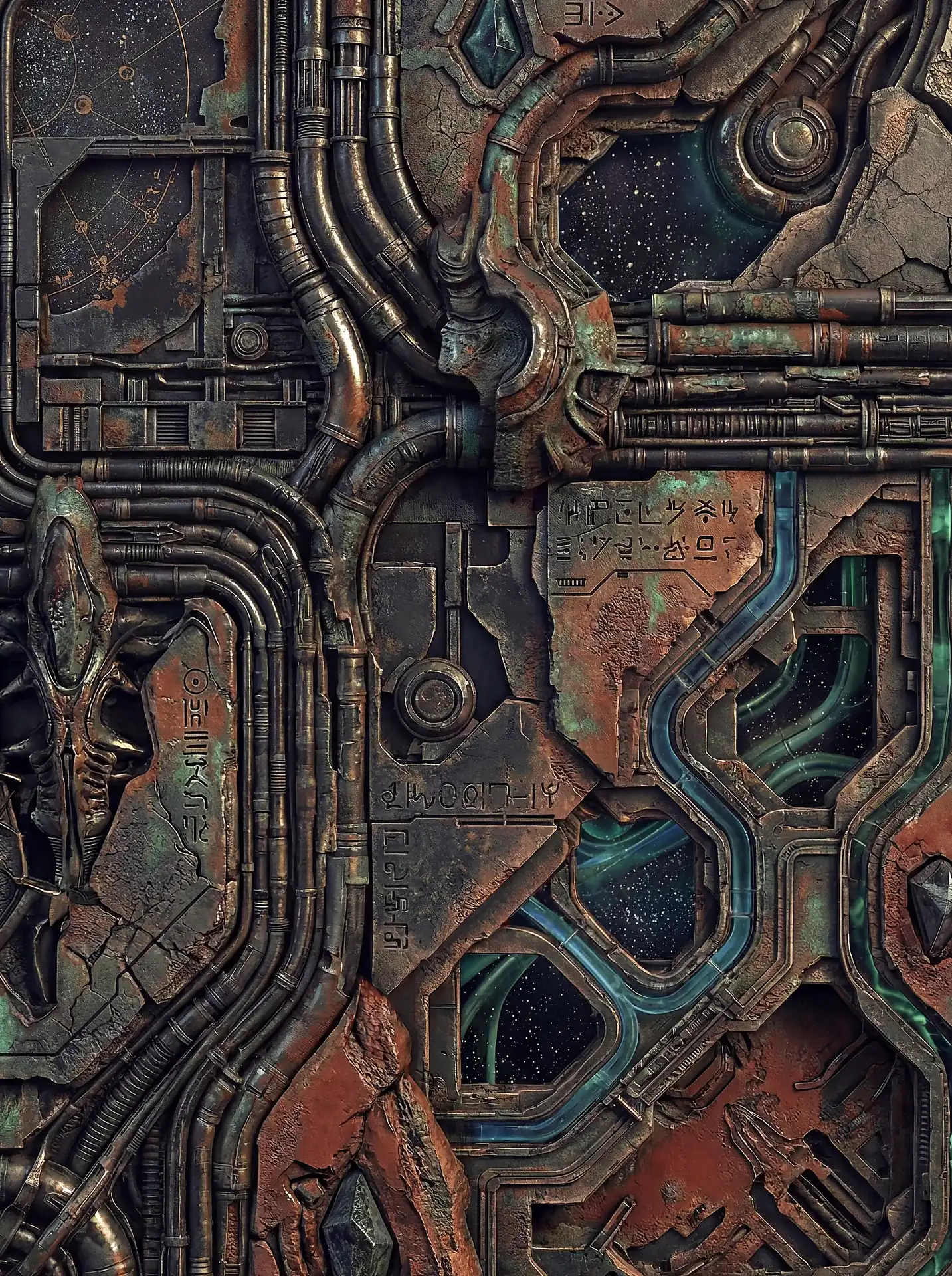 Curving through rusted metal plates, these intricate mechanical pipes weave around glowing alien symbols and star-filled viewports. This biomechanical artwork features a weathered industrial aesthetic with deep copper tones and glimpses of the infinite cosmos. Artwork by Constantine Cheshire