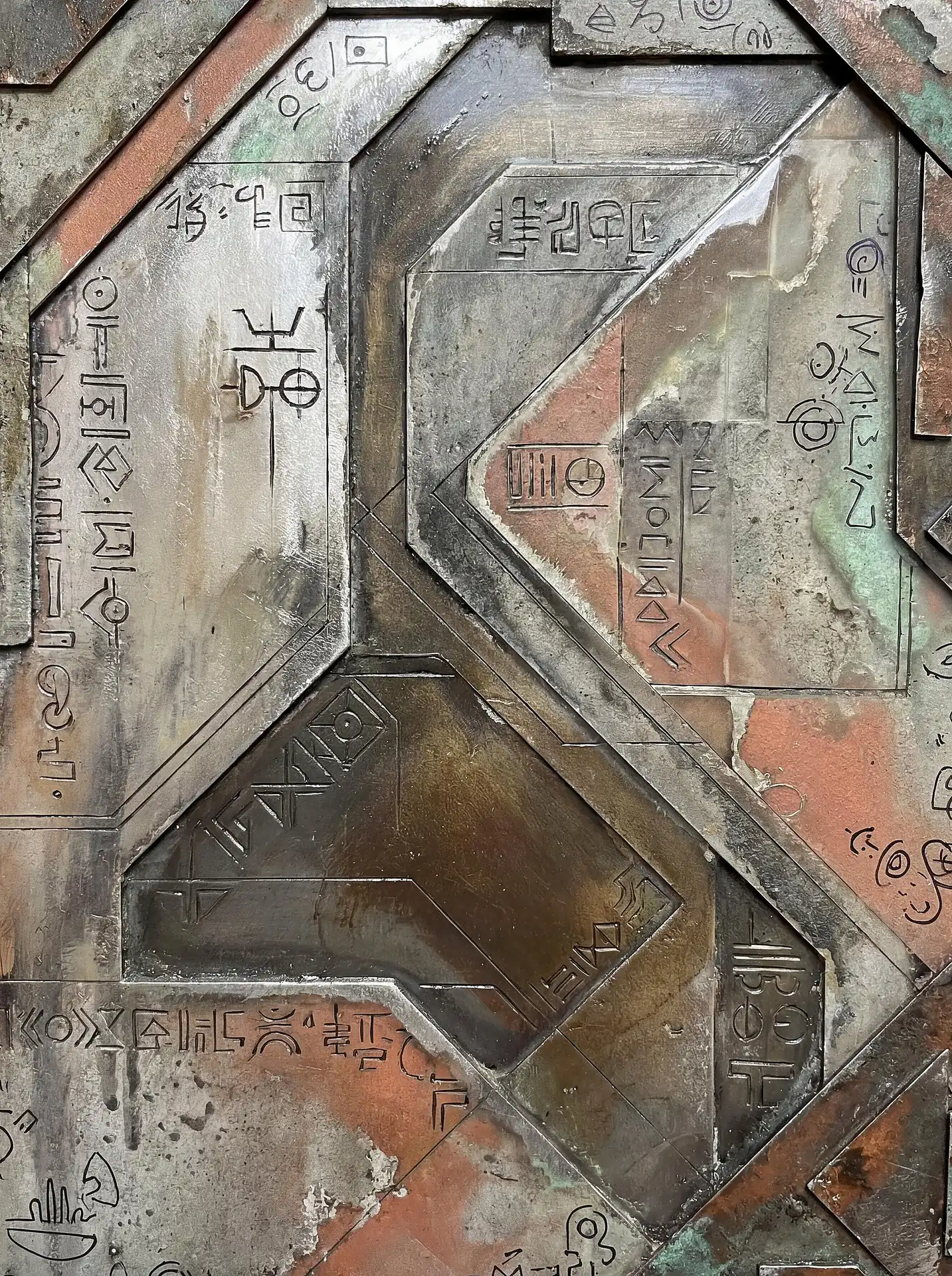 Weathered metallic plates with etched alien symbols, this industrial digital art piece features rusted steel textures and futuristic runes. The composition combines oxidized copper tones with gritty metallic surfaces to evoke a sense of ancient interstellar technology or a dystopian spaceship hull. Artwork by Constantine Cheshire