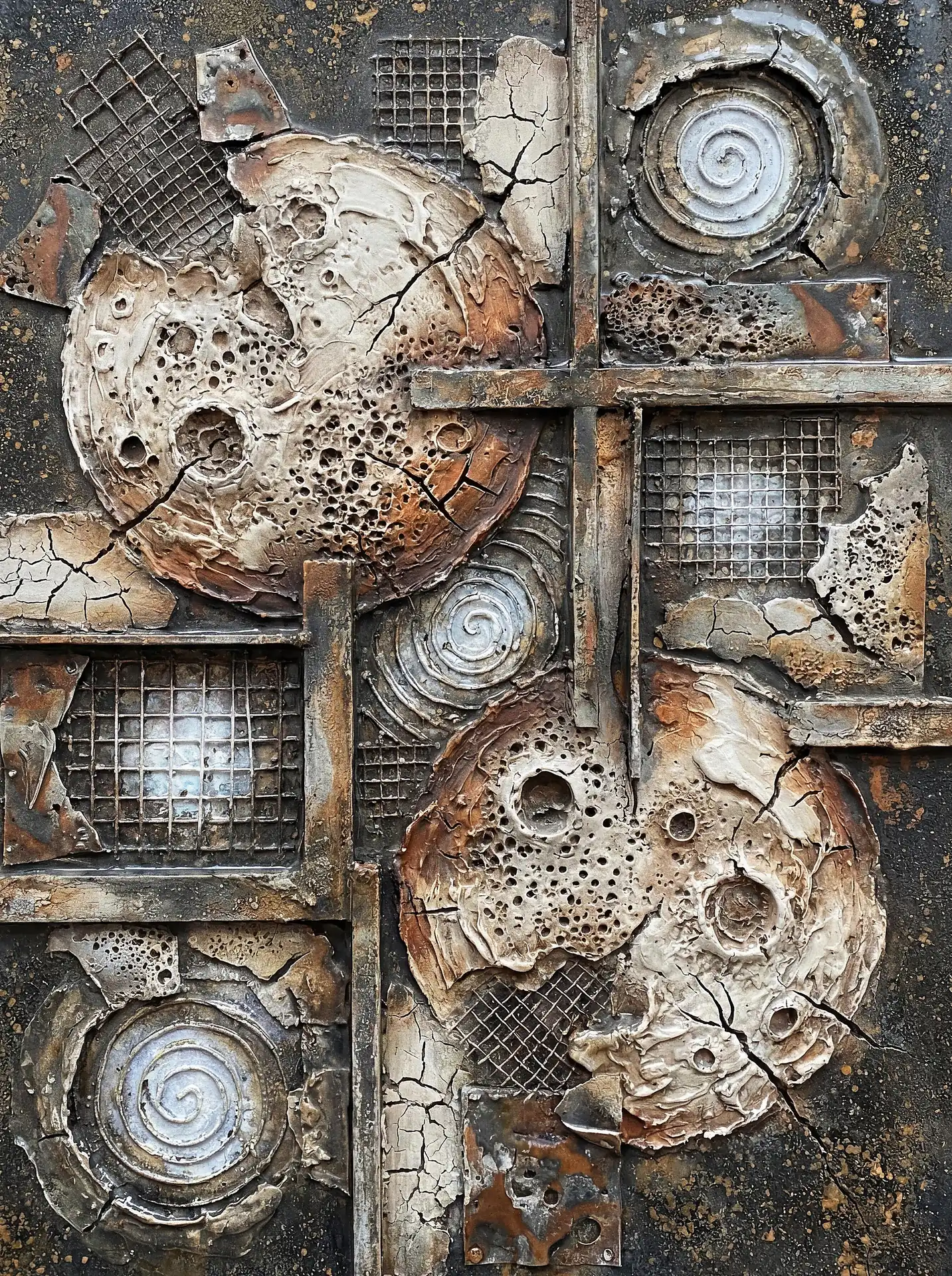 Dark ochre and iron tones dominate this mixed media relief featuring rusted metal mesh and textured planetary forms. This industrial artwork combines gritty sculptural elements with celestial motifs to create a sense of weathered antiquity and cosmic decay. Artwork by Constantine Cheshire
