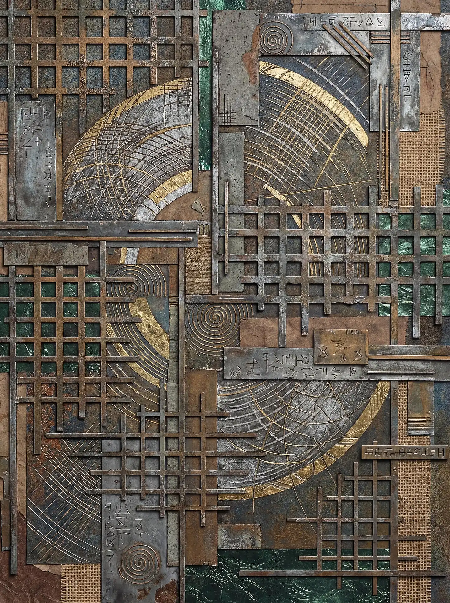 An atmosphere of ancient mystery and industrial decay pervades this mixed media piece featuring rusted metal grids, golden concentric circles, and mysterious etched symbols. The artwork combines weathered textures with a structured, geometric composition in shades of bronze, iron, and gold. Artwork by Constantine Cheshire
