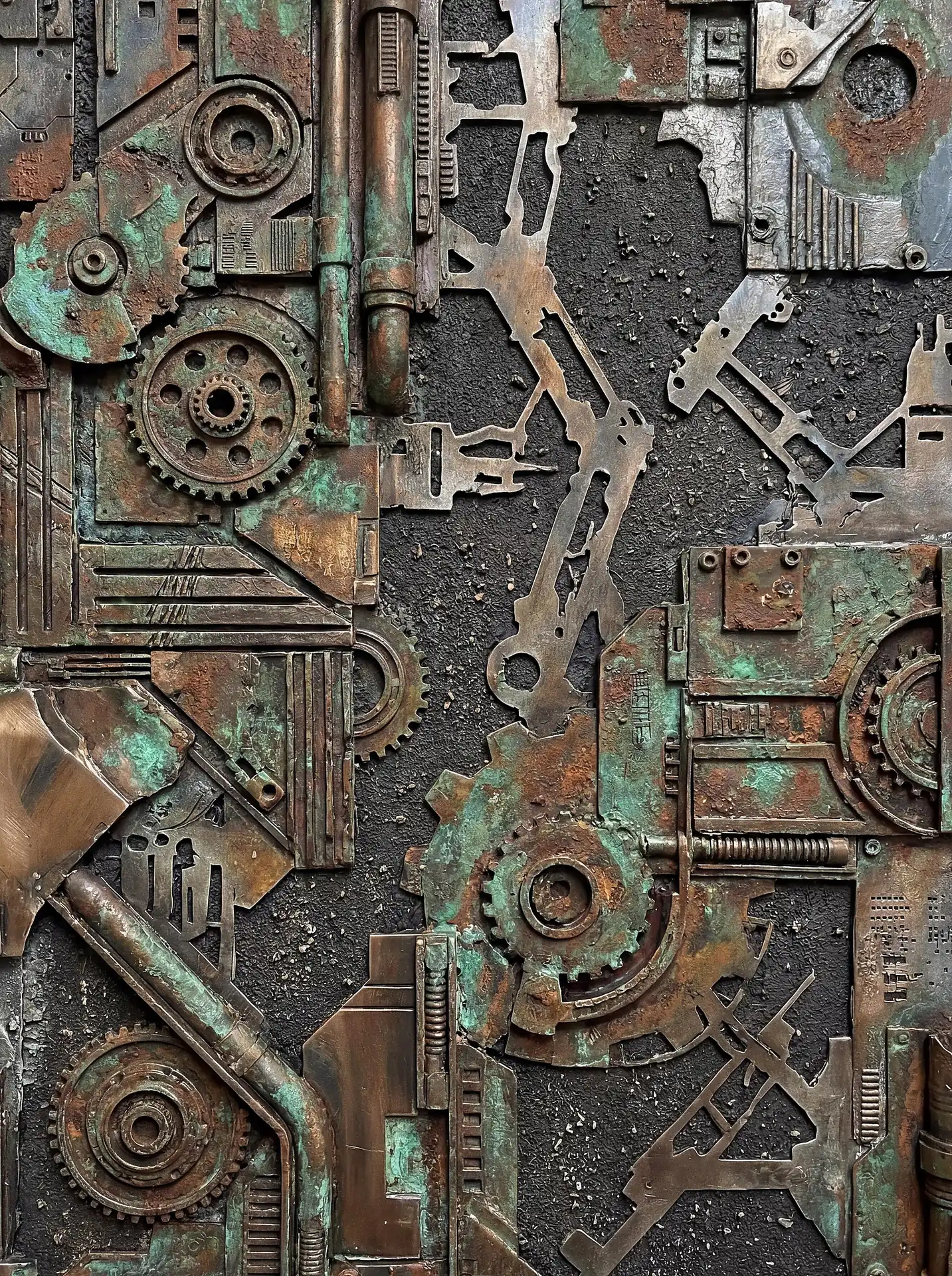 Green and bronze oxidation textures cover this intricate steampunk assemblage of gears, pipes, and metal shards. This industrial bas-relief sculpture features weathered copper tones and mechanical details against a dark, gritty background, evoking a sense of forgotten technology and vintage machinery. Artwork by Constantine Cheshire