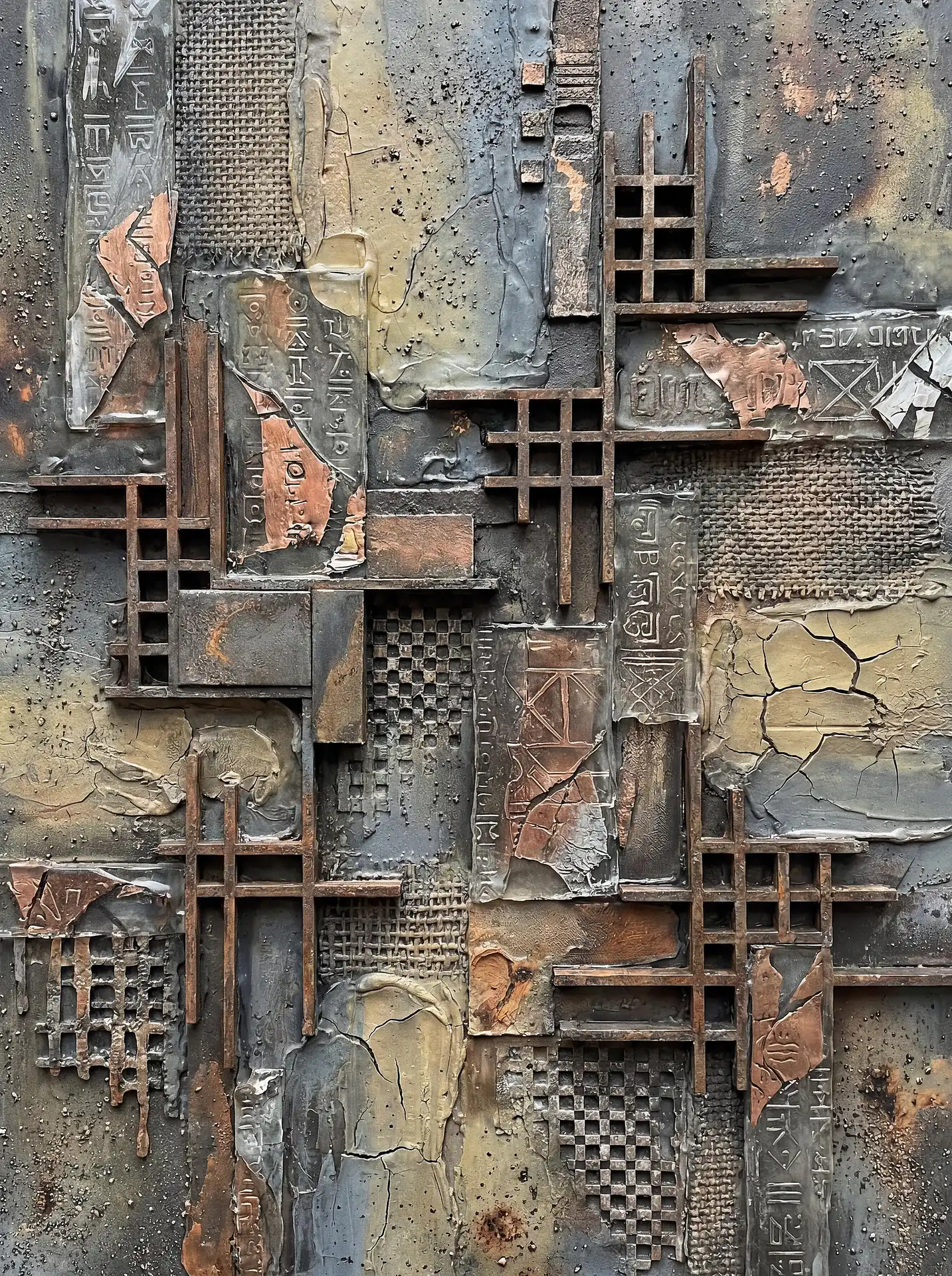 Layering of geometric wooden grates and burlap textures creates a complex industrial relief on a weathered metallic surface. This mixed media artwork blends ancient symbols with modern architectural elements through a palette of bronze, copper, and charcoal gray. Artwork by Constantine Cheshire