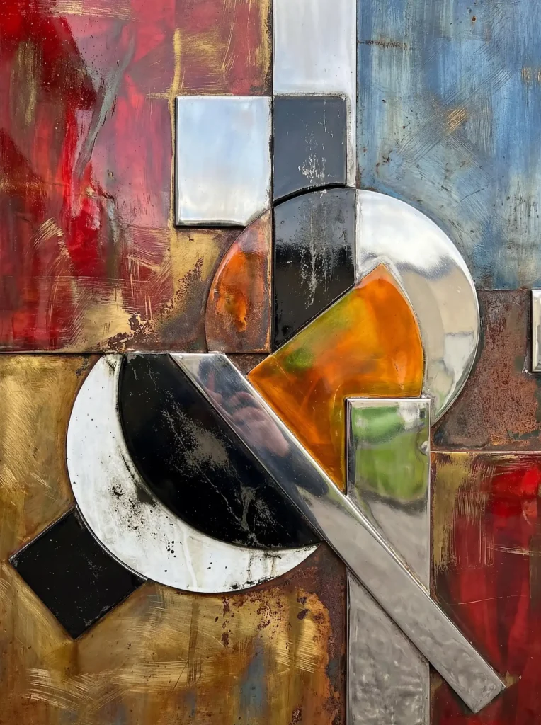Abstract geometric metal sculpture features a layered composition of polished chrome, brushed brass, and weathered industrial textures. This contemporary relief combines vibrant red and blue panels with translucent orange elements to create a bold, multi-dimensional focal point for modern interiors. Artwork by Constantine Cheshire