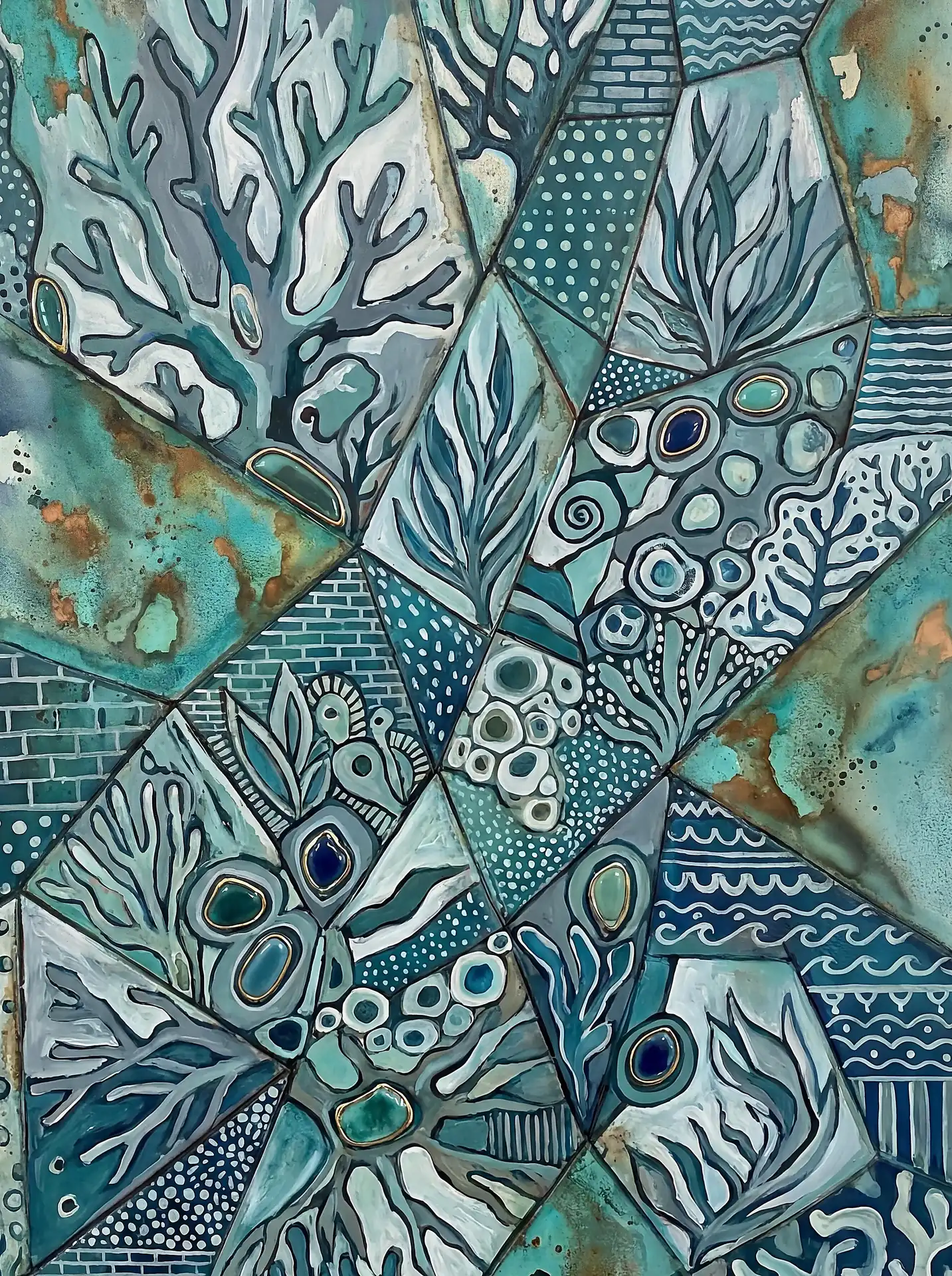 Layered geometric shapes and fractured tiles create a rhythmic underwater scene filled with stylized coral branches and aquatic textures. This intricate painting features a palette of teal, navy, and turquoise with subtle metallic accents and hand-painted dot patterns. Artwork by Constantine Cheshire