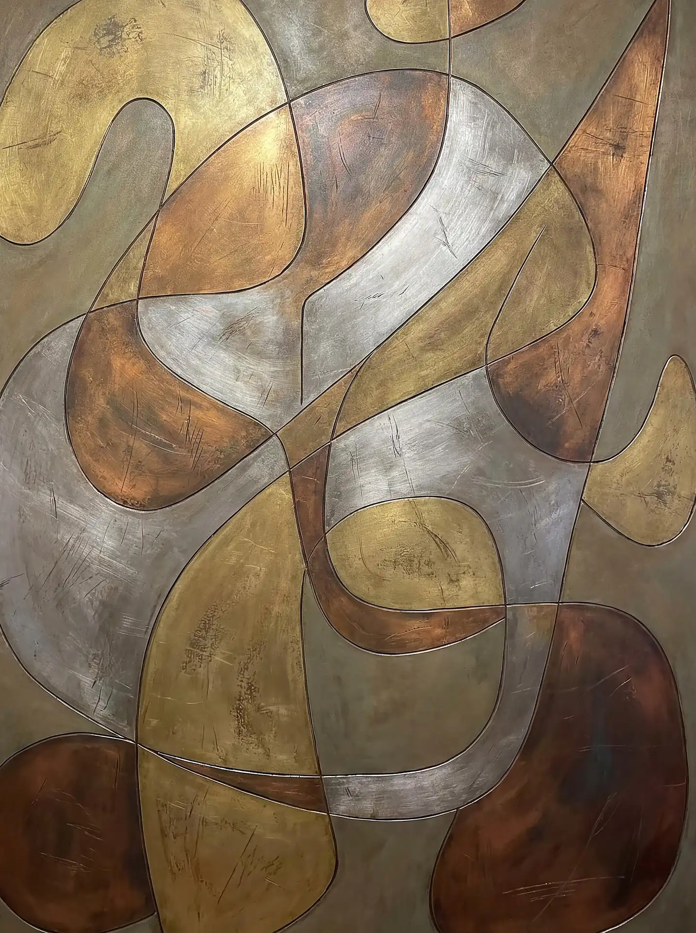 Overlapping metallic shapes in gold, silver, and copper tones are rendered in a fluid, biomorphic style with thin dark outlines. This modern abstract artwork features a distressed, scratched texture that adds depth and a sophisticated industrial feel to any interior space. Artwork by Constantine Cheshire