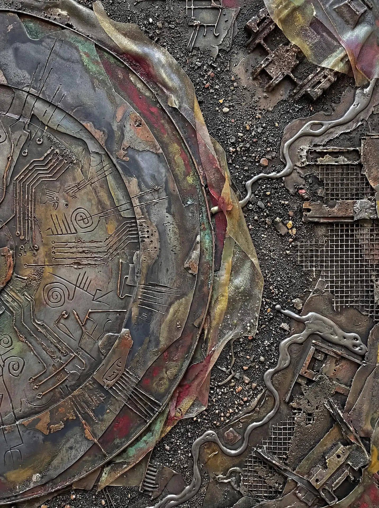 Layered composition of weathered metallic fragments and mesh surrounds a central circular plate etched with intricate circuit board patterns. This mixed media artwork combines dark bronze and silver tones with gritty textures to create a post-apocalyptic or futuristic industrial mood. Artwork by Constantine Cheshire
