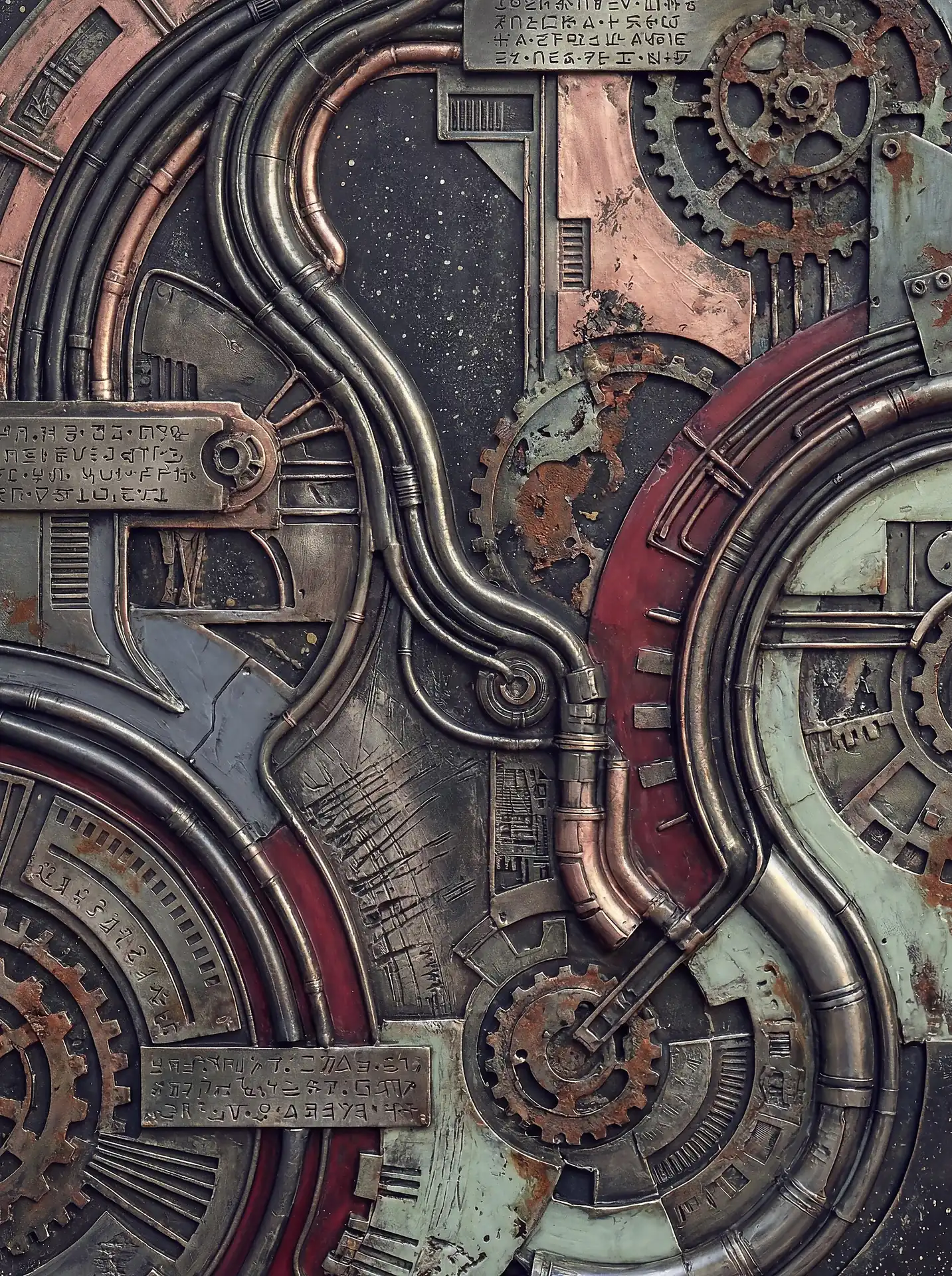 Weathered copper and rusted steel plates form a complex mechanical relief featuring intricate piping and ancient inscriptions. The composition balances heavy industrial elements with a starry cosmic backdrop to create a sense of mystery and advanced ancient technology. Artwork by Constantine Cheshire