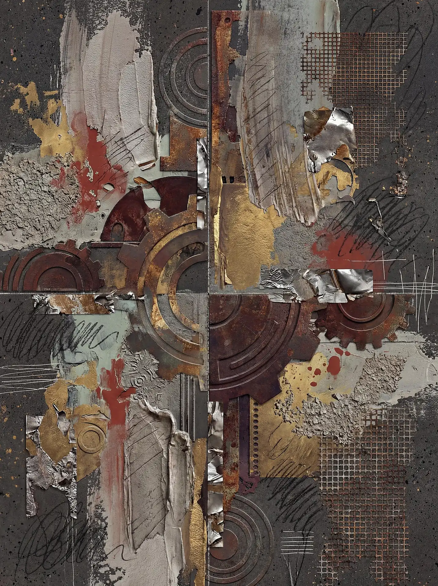 Gritty and industrial, this mixed media piece combines rusted mechanical gears with metallic gold leaf and silver foil against a dark textured background. Thick impasto paint strokes and metal mesh create a weathered, multi-layered urban aesthetic. Artwork by Constantine Cheshire