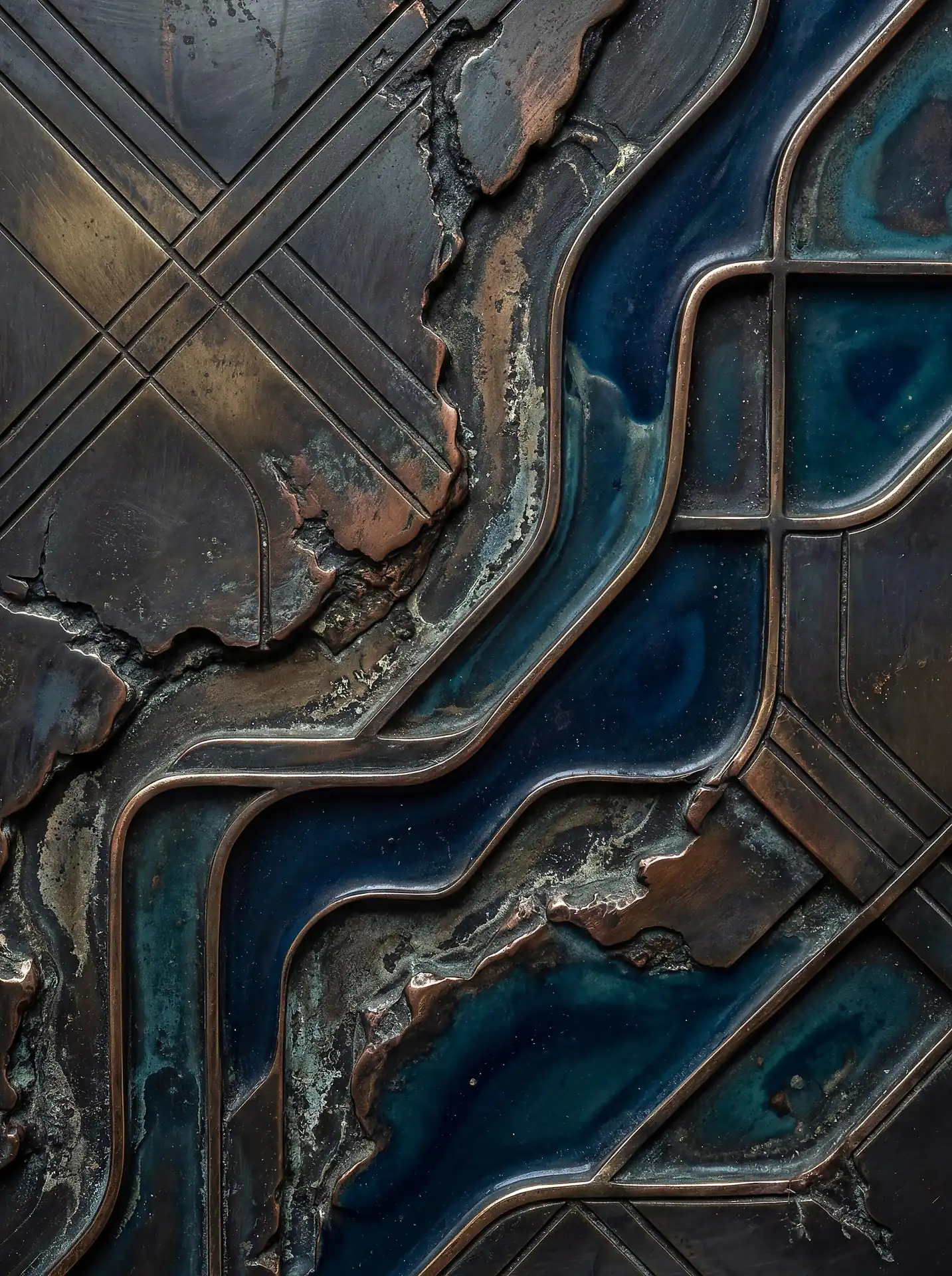Deep blue resin flows like a river through this intricate bronze and copper relief sculpture. This industrial-style artwork uses weathered metallic textures and geometric lines to create a striking aerial perspective of a modern city map. Artwork by Constantine Cheshire