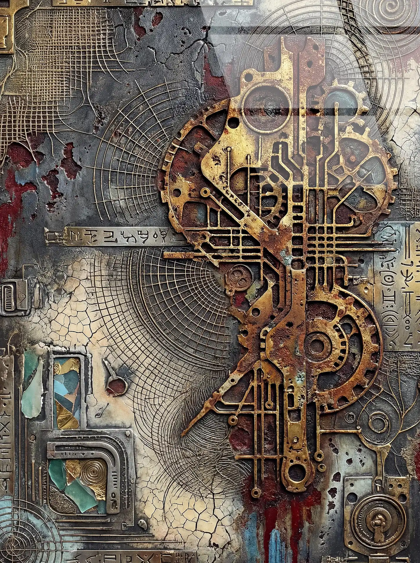 Swirling across a cracked canvas, this intricate mixed media relief combines rusted bronze gears with mysterious etched symbols. The industrial steampunk aesthetic features heavy textures, weathered metallic tones, and a complex layering of mechanical components and circuit-like patterns. Artwork by Constantine Cheshire