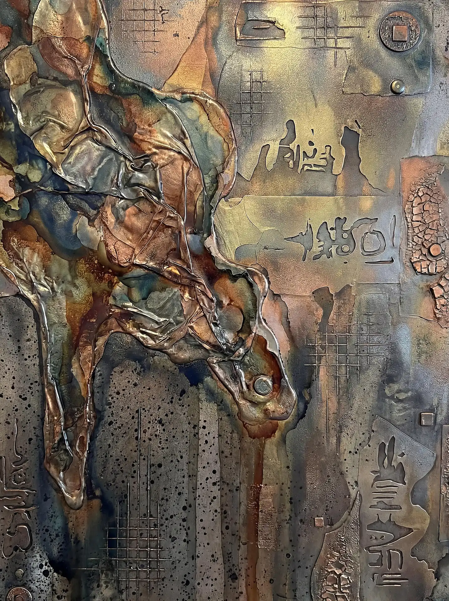 Oxidized metals and weathered copper textures create a layered industrial landscape featuring etched calligraphy and relief elements. This mixed-media composition uses a palette of bronze, gold, and charcoal to evoke a sense of ancient machinery or archaeological mystery. Artwork by Constantine Cheshire