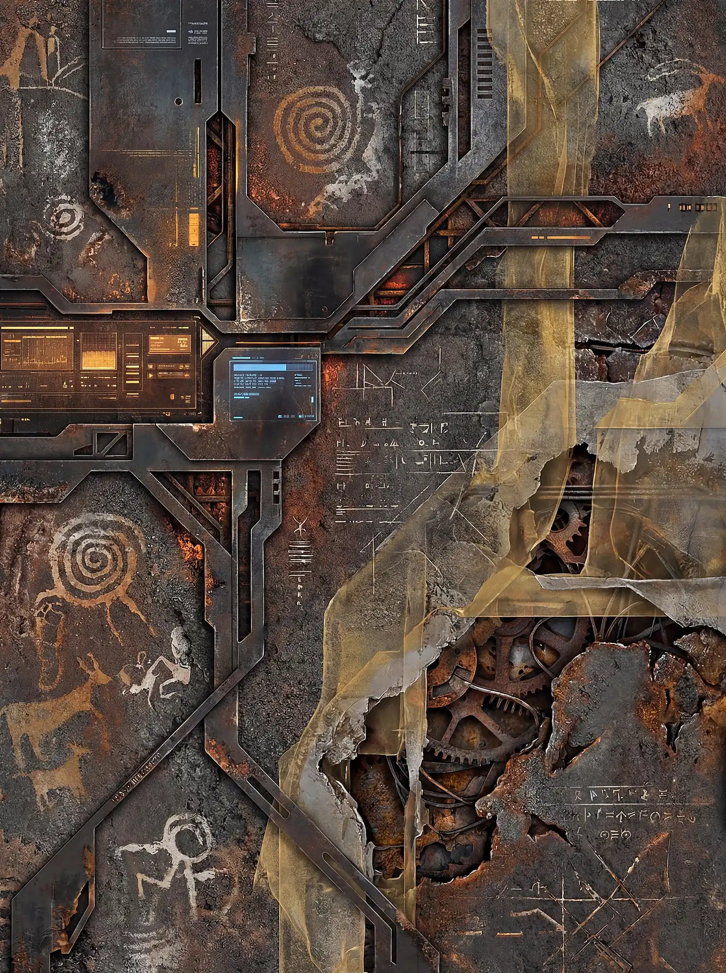 Ancient petroglyphs and industrial machinery, this digital mixed media piece blends prehistoric cave art with futuristic technology. The composition features rusted metal panels, glowing monitors, and intricate gear systems in a palette of deep bronze and steel gray. Artwork by Constantine Cheshire