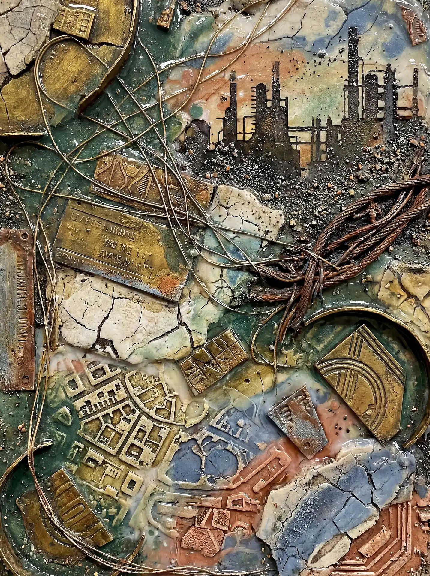 Gritty and apocalyptic, this tactile mixed media piece features a dark factory silhouette surrounded by tangled copper wires and cracked ceramic textures. The composition uses metallic bronze, rusted iron, and weathered teal tones to evoke a sense of future industrial ruins. Artwork by Constantine Cheshire