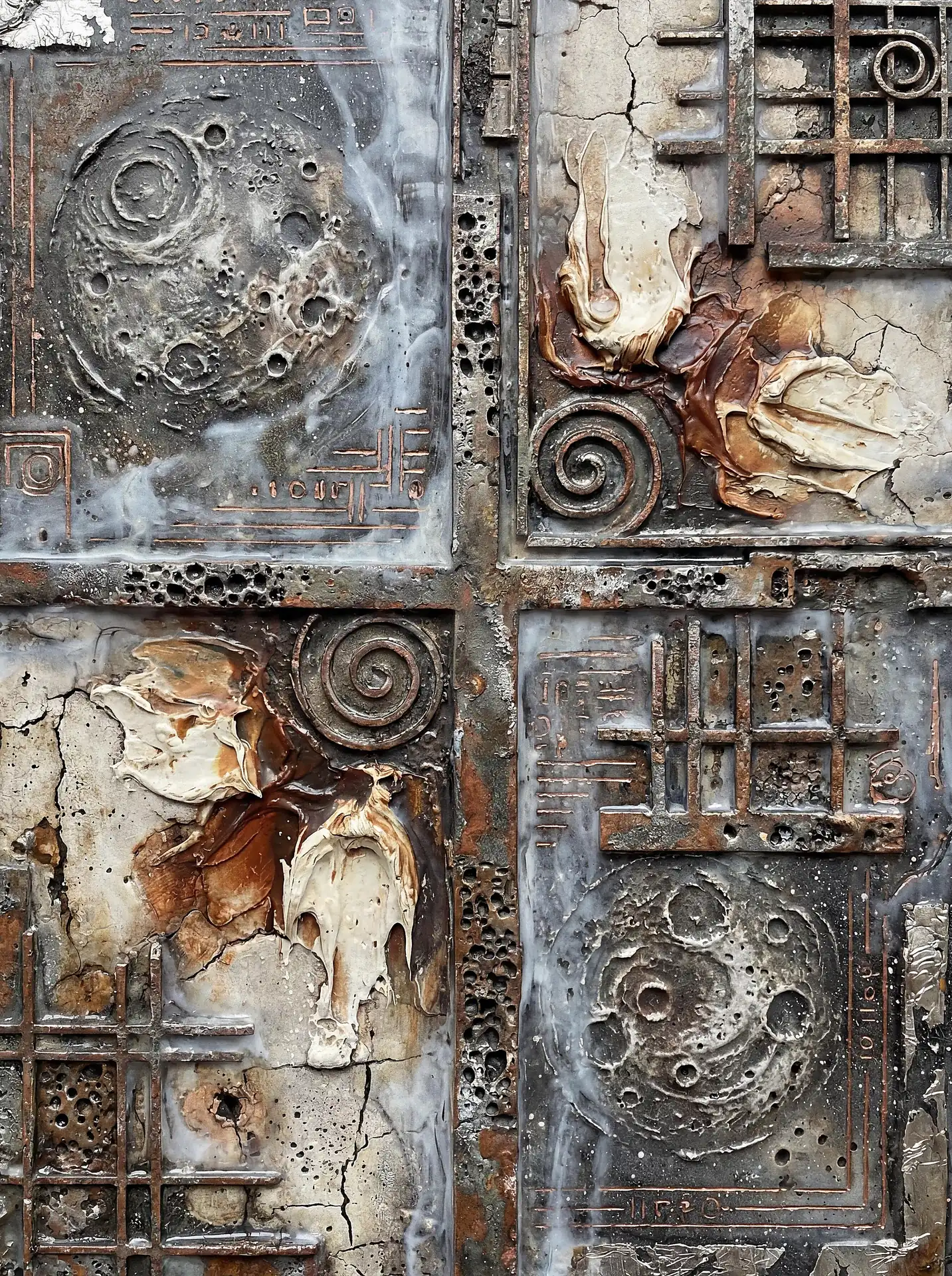Swirling through metallic textures, this mixed-media relief features cratered moon motifs and rusted geometric grids. The artwork combines heavy impasto paint with cracked plaster and weathered metal in earthy bronze and slate grey tones to create a weathered, sci-fi aesthetic. Artwork by Constantine Cheshire