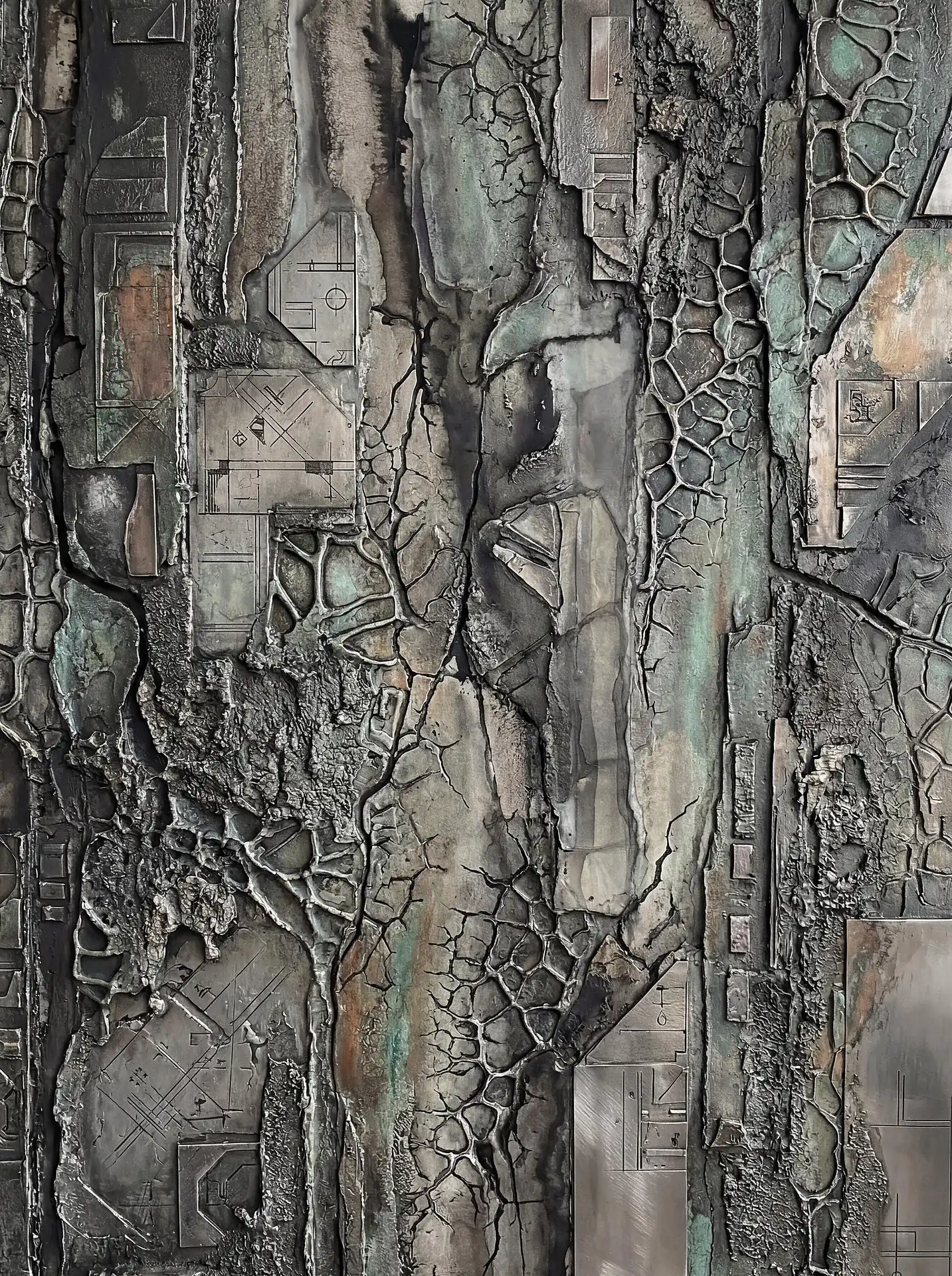 Muted green oxidation covers this complex industrial relief featuring a mixture of geometric etched plates and organic cracked textures. The dark metallic medium creates a gritty, dystopian atmosphere through a blend of sci-fi schematics and weathered surfaces. Artwork by Constantine Cheshire