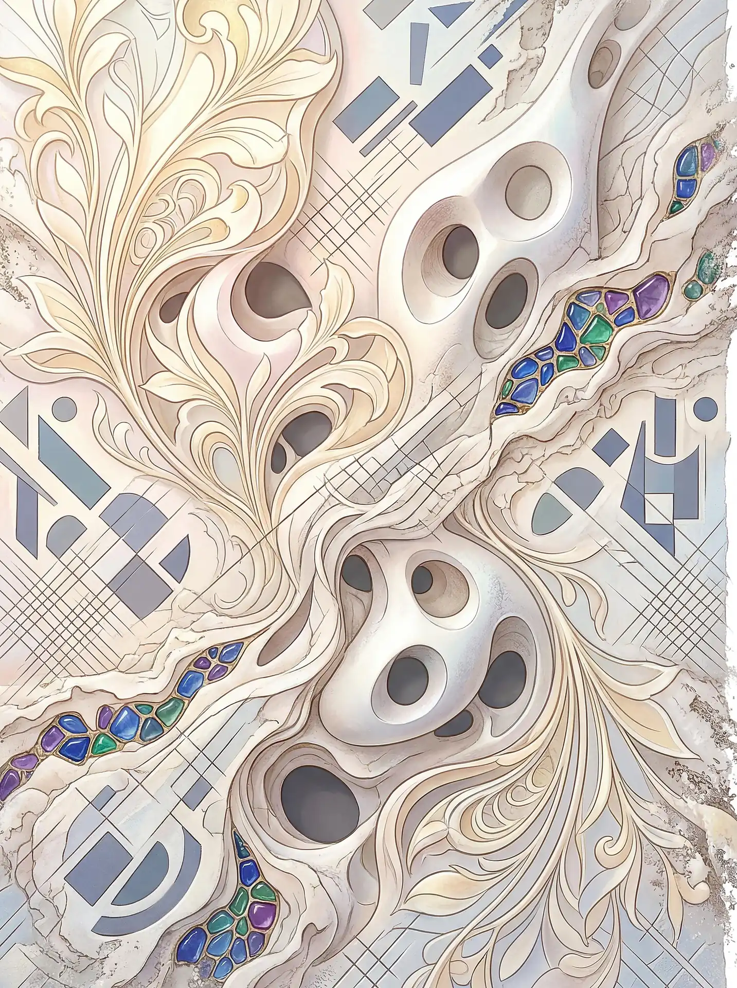 Layered composition blends classical acanthus leaf flourishes with modern geometric grids and porous organic forms. This surreal digital illustration features a soft cream palette accented by vibrant mosaic stones and intricate linework, creating a harmonious balance between natural motifs and structured design. Artwork by Constantine Cheshire
