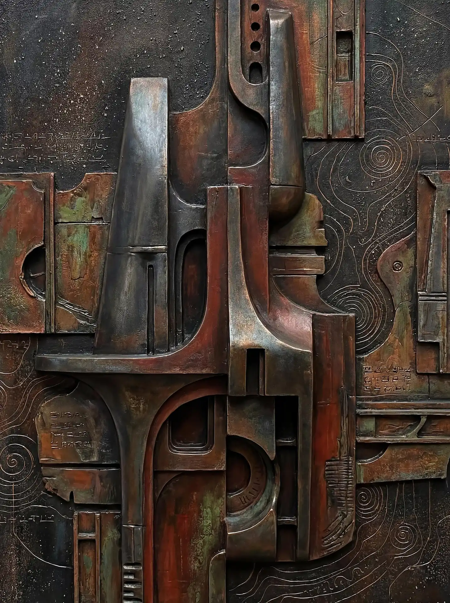Layered and interlocking metallic components create a complex vertical composition in this weathered bronze relief sculpture. The piece features deep rust tones and verdigris accents alongside mysterious geometric symbols and swirling line engravings for an industrial yet ancient aesthetic. Artwork by Constantine Cheshire