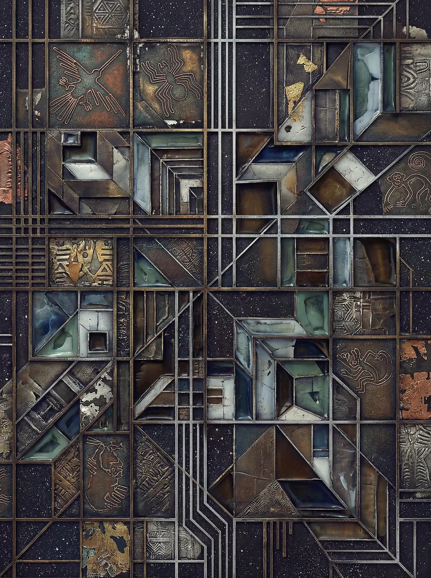 Nazca petroglyph symbols integrated into a bronze and silver geometric relief sculpture with a cosmic background. This industrial-style mixed media piece blends ancient archaeology with futuristic architectural lines using metallic textures and gold leaf accents. Artwork by Constantine Cheshire