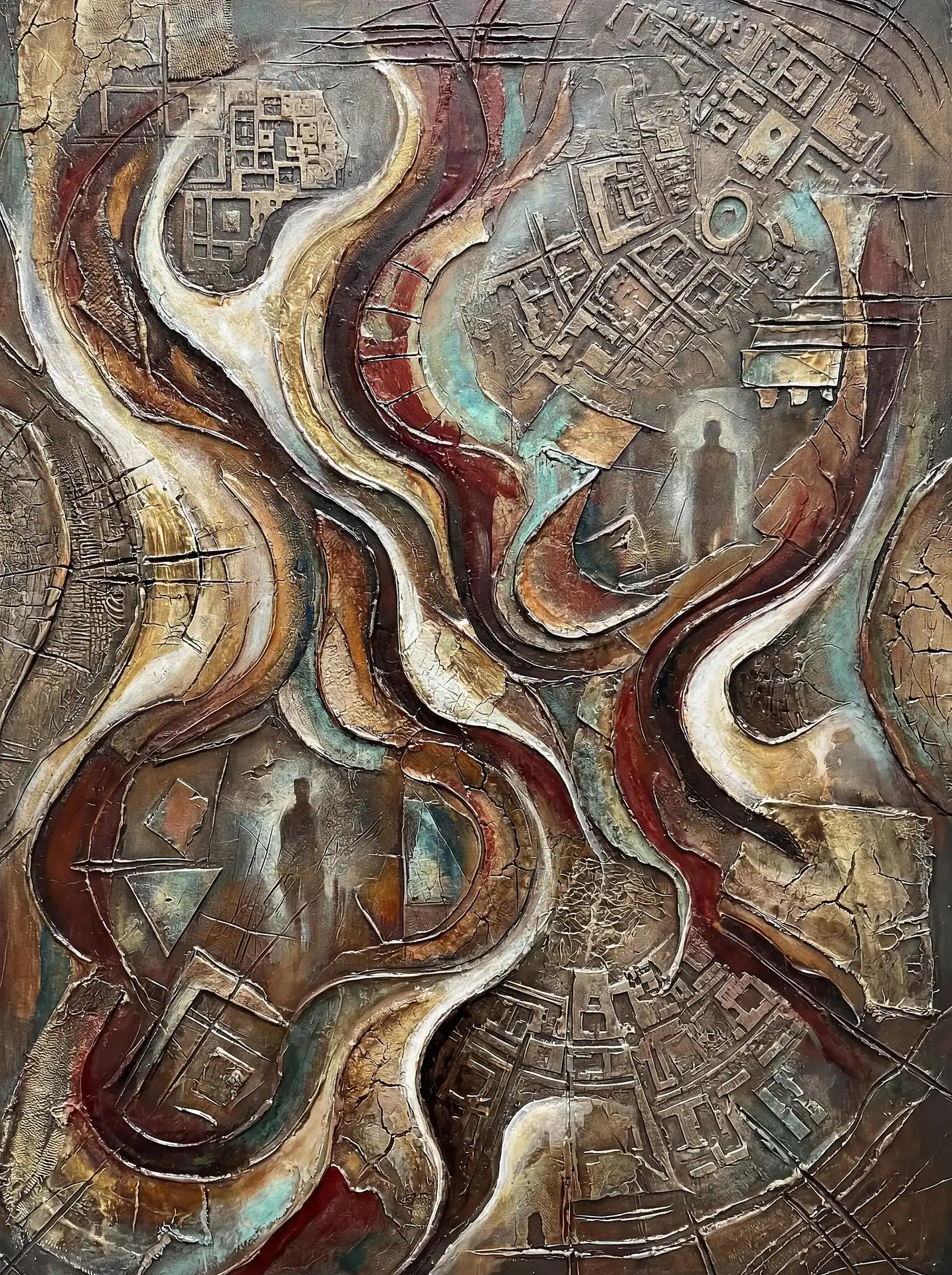 Layering organic, flowing pathways with rigid geometric grids creates a complex, textured landscape in earth tones. This mixed media artwork features shadowy silhouettes peering from within a cracked, multi-dimensional surface of rust, teal, and gold. Artwork by Constantine Cheshire