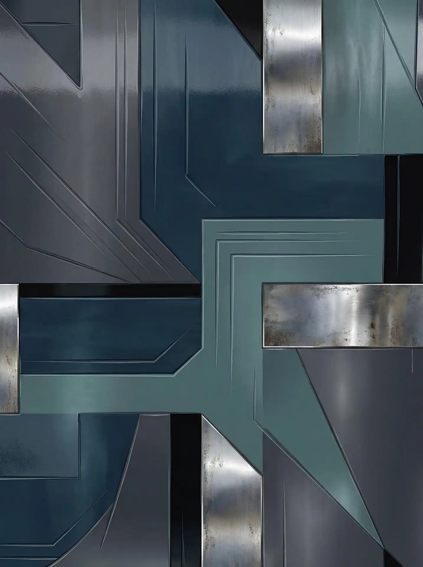 Geometric metal panels in a modern industrial style feature layered textures of teal, dark blue, and brushed silver. This futuristic abstract piece captures a cold, mechanical mood through sharp angles and etched metallic surfaces. Artwork by Constantine Cheshire