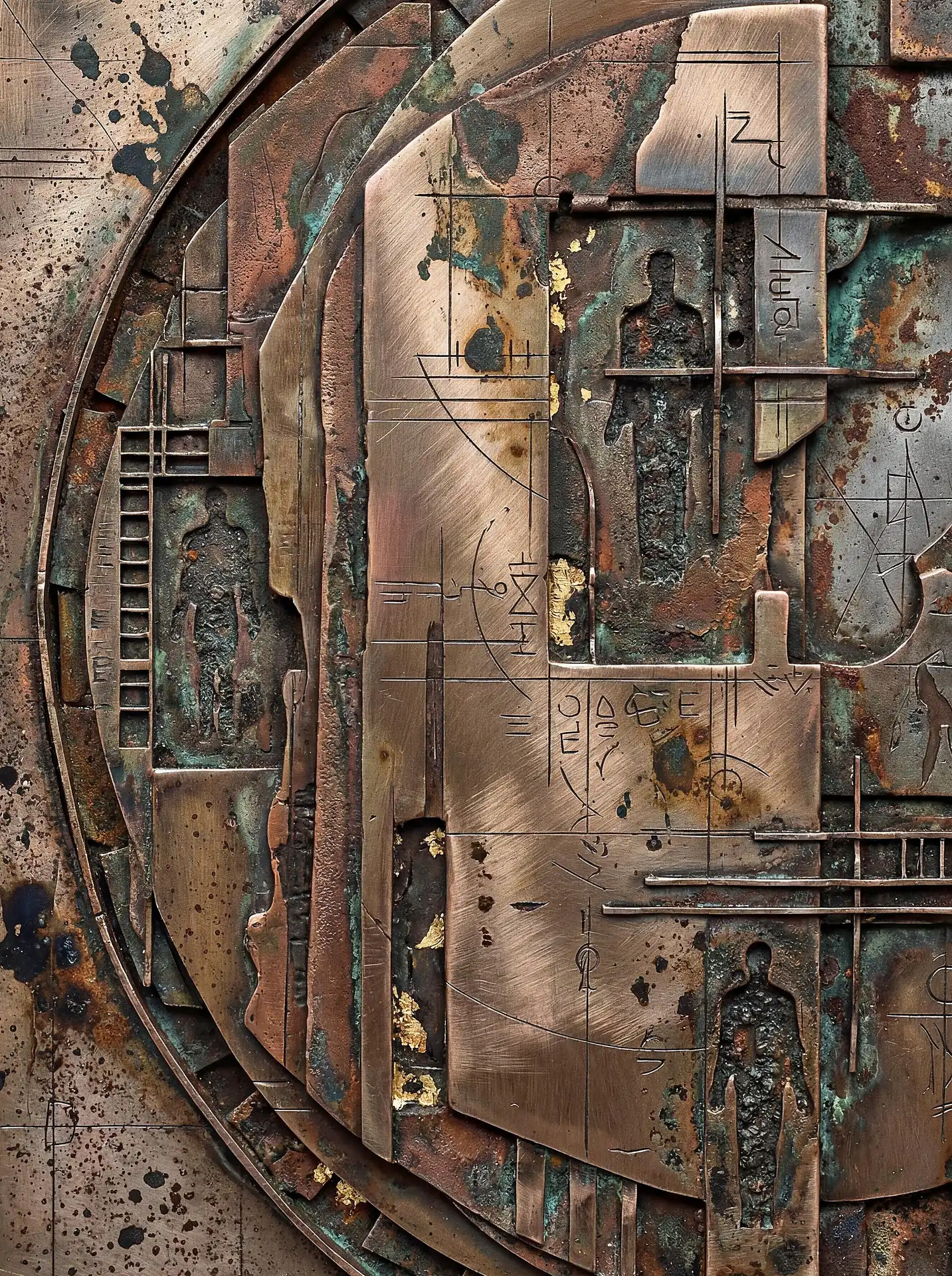 Human silhouettes in a bronze bas-relief sculpture, this textured metal artwork combines copper tones, verdigris patina, and fine geometric etchings. The industrial yet ancient style evokes a sense of lost technology and human evolution through its weathered surfaces and gold leaf accents. Artwork by Constantine Cheshire