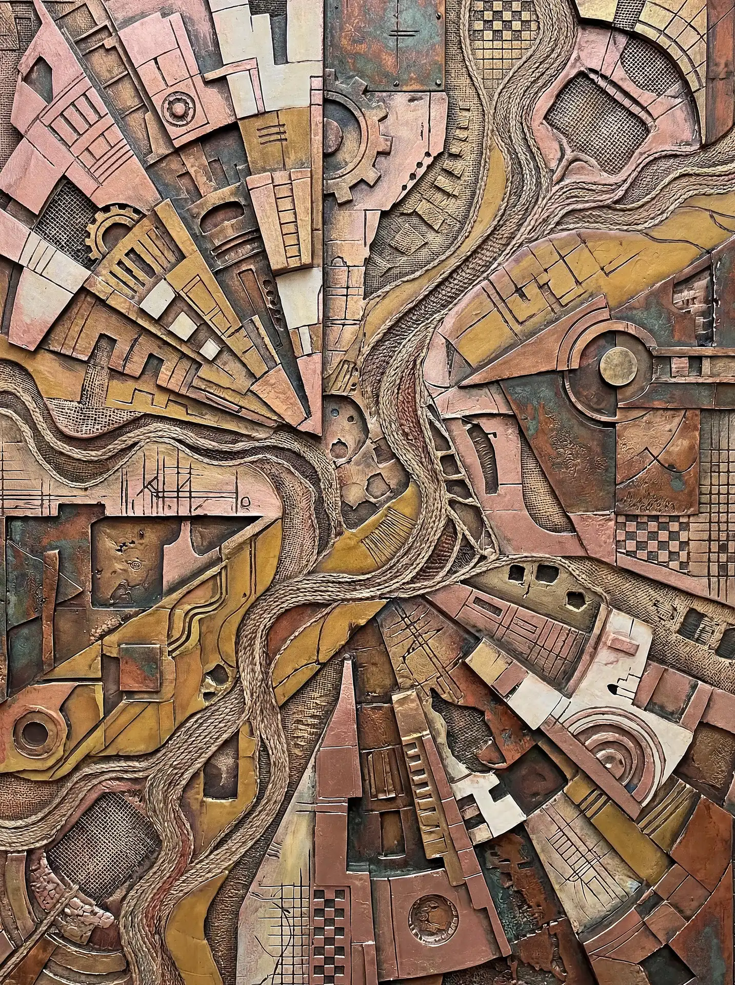 Layering of various geometric shapes and mechanical gears creates a complex relief sculpture with a rich industrial aesthetic. This mixed media artwork features weathered metallic tones of copper and bronze, depicting a radial arrangement of textured panels and winding pathways reminiscent of an intricate clockwork machine. Artwork by Constantine Cheshire