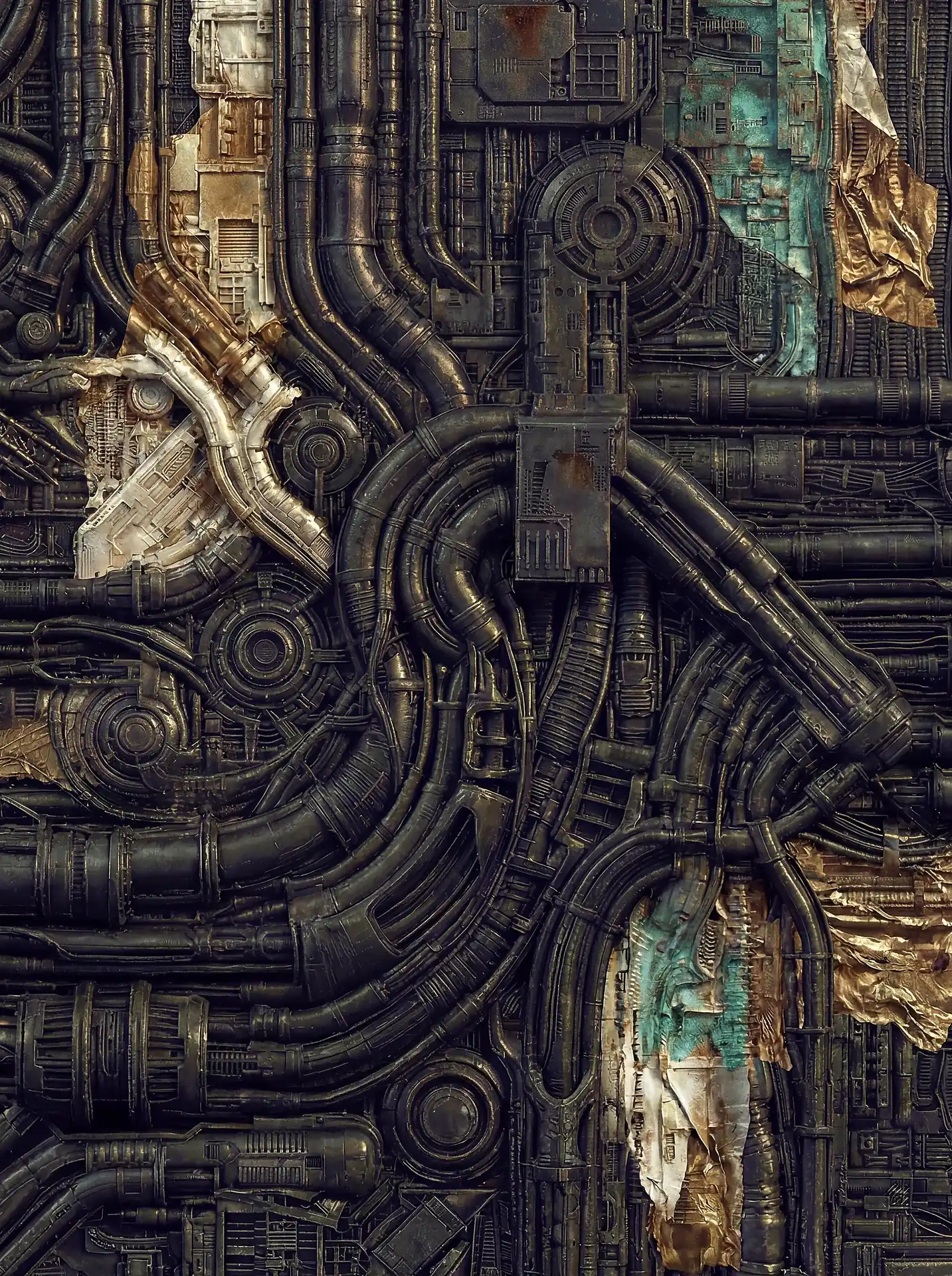 Gritty and claustrophobic, this intricate relief features a dense network of weathered pipes, oxidized metallic components, and dark mechanical conduits. The dark, industrial aesthetic blends cyberpunk and steampunk styles through complex layering of faux-machinery and rusted surfaces. Artwork by Constantine Cheshire