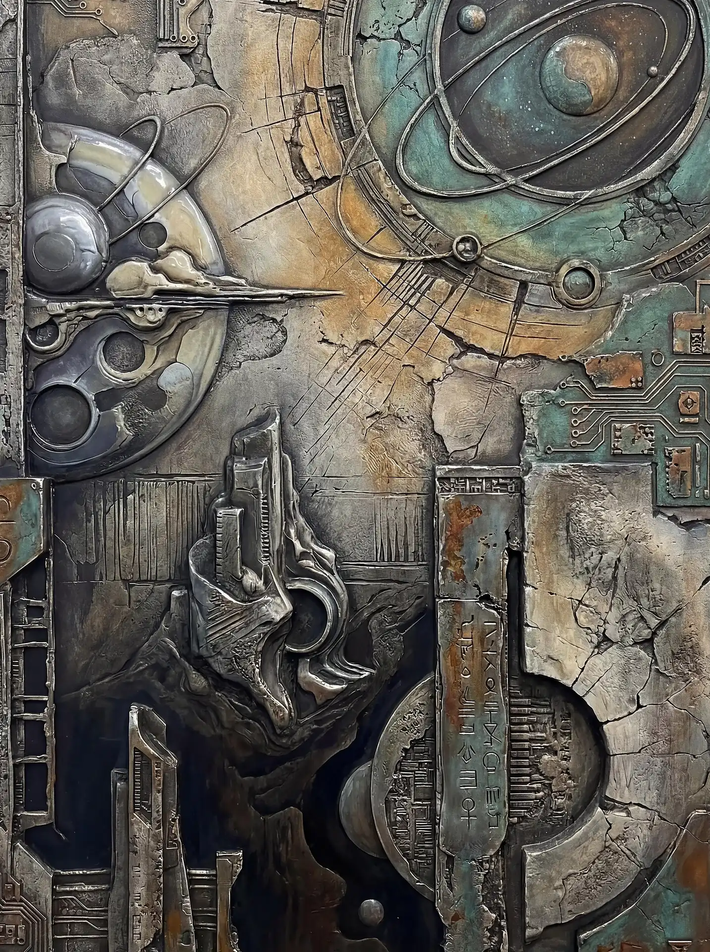 Orbiting across a cracked metallic facade, celestial spheres rest above intricate circuitry and weathered alien structures. This industrial bas-relief features a textured palette of teal verdigris, oxidized copper, and cool silver, blending cosmic themes with a gritty steampunk aesthetic. Artwork by Constantine Cheshire